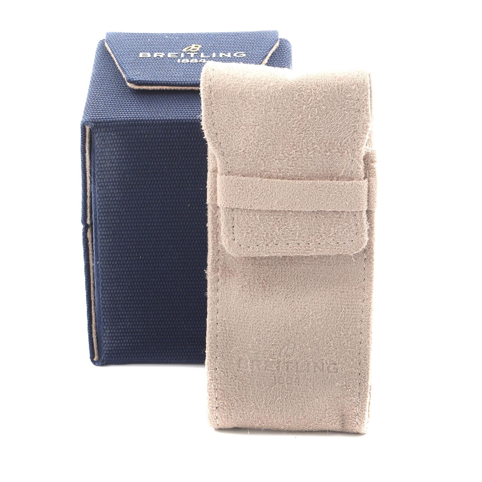 The image shows a Breitling Avenger V13317 Men's Titanium Black Dial V13317 Men's Titanium Black Dial watch accessory set, including a beige suede pouch and a blue box with branding.