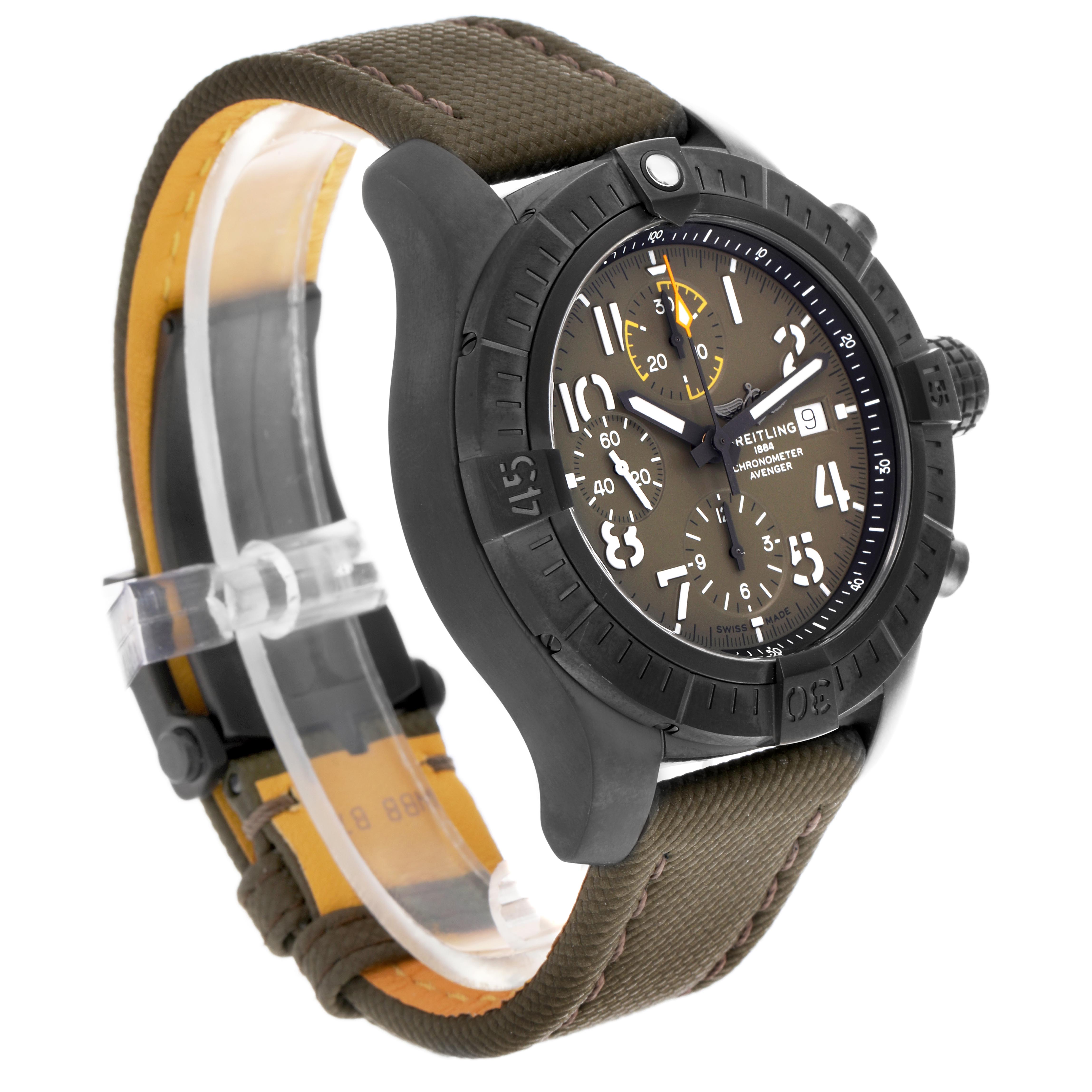 The Breitling Avenger V13317 Men's Titanium Black Dial V13317 Men's Titanium Black Dial watch is shown at a three-quarter angle, displaying the bezel, dial, and strap.