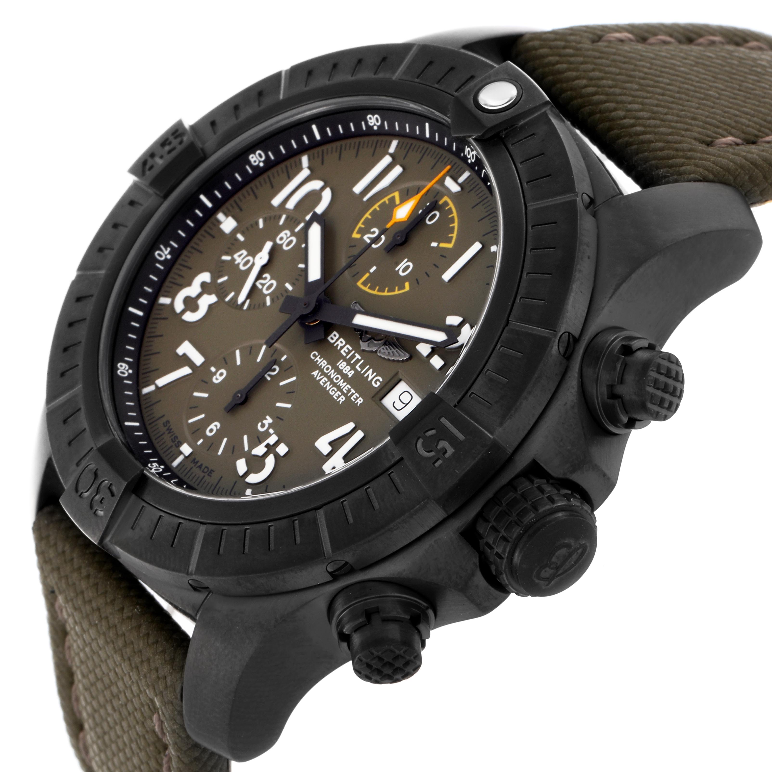 The Breitling Avenger V13317 Men's Titanium Black Dial V13317 Men's Titanium Black Dial watch is shown at a side angle, highlighting the dial, bezel, and pushers.