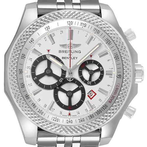 The Breitling Bentley A25366 Men's Stainless Steel Silver Dial watch is shown from a straight-on angle, highlighting its face, subdials, bezel, and partial bracelet.