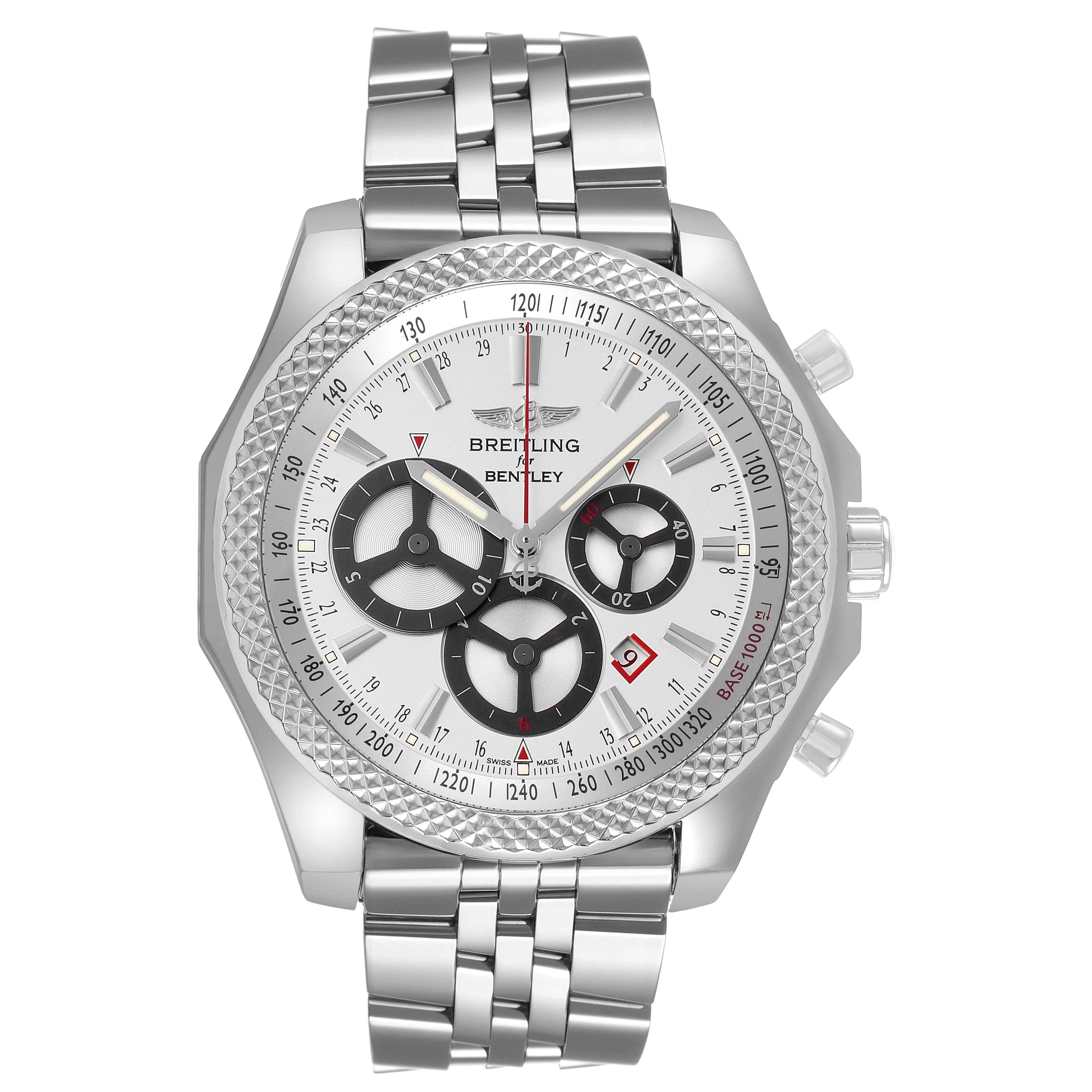 The Breitling Bentley A25366 Men's Stainless Steel Silver Dial watch is shown from the front, highlighting the dial, bezel, and bracelet.