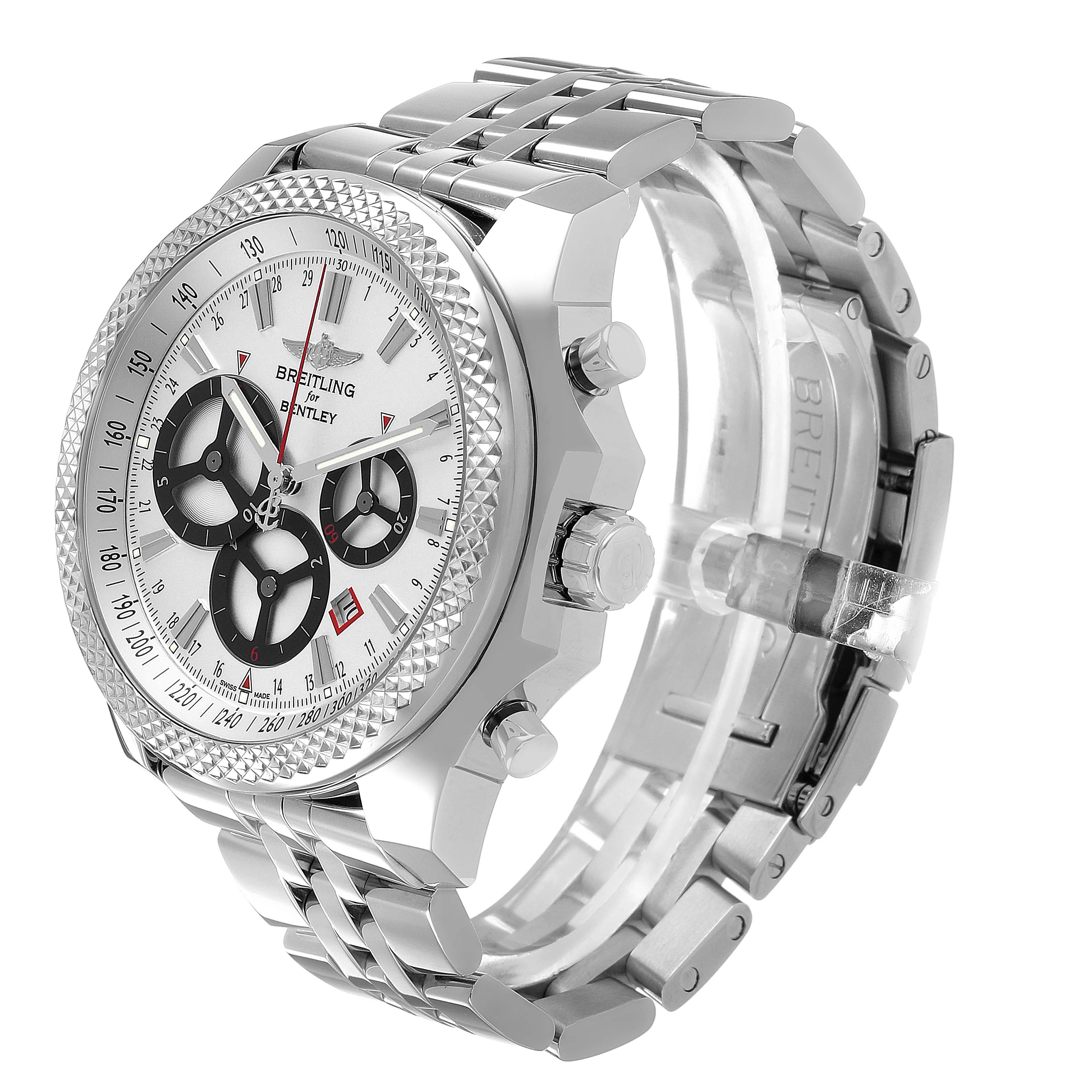 The Breitling Bentley A25366 Men's Stainless Steel Silver Dial watch is shown at a three-quarter angle, highlighting the face, bezel, crown, pushers, and metal bracelet.