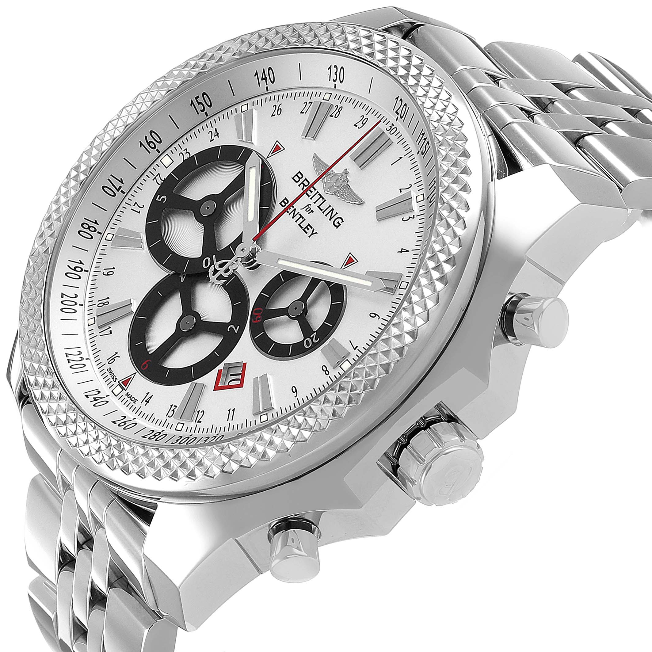 The Breitling Bentley A25366 Men's Stainless Steel Silver Dial watch is shown from a side angle, highlighting the case, bezel, crown, pushers, and part of the bracelet.
