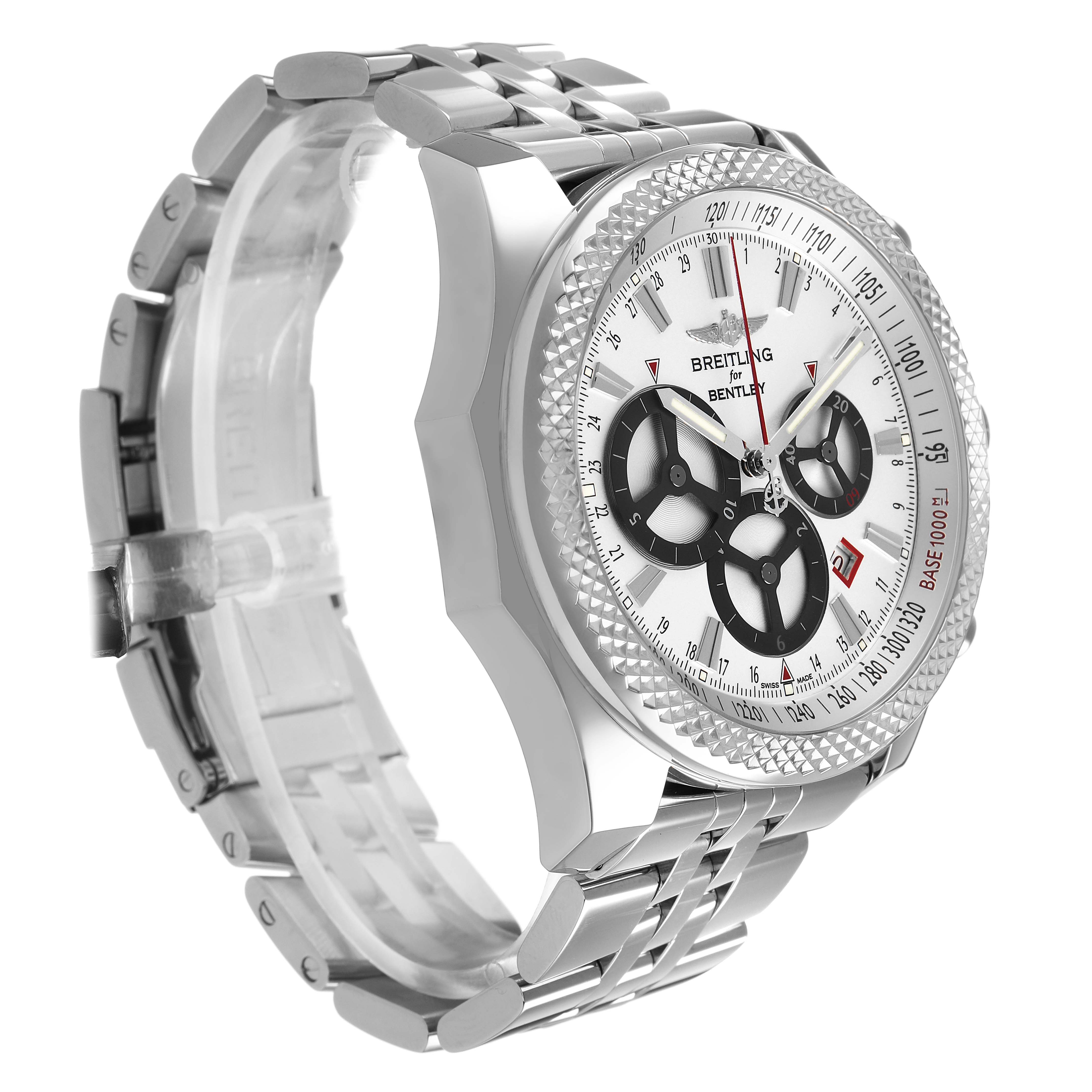 The Breitling Bentley A25366 Men's Stainless Steel Silver Dial watch is shown at an angle highlighting the case, bezel, bracelet, and dial with its chronograph features.
