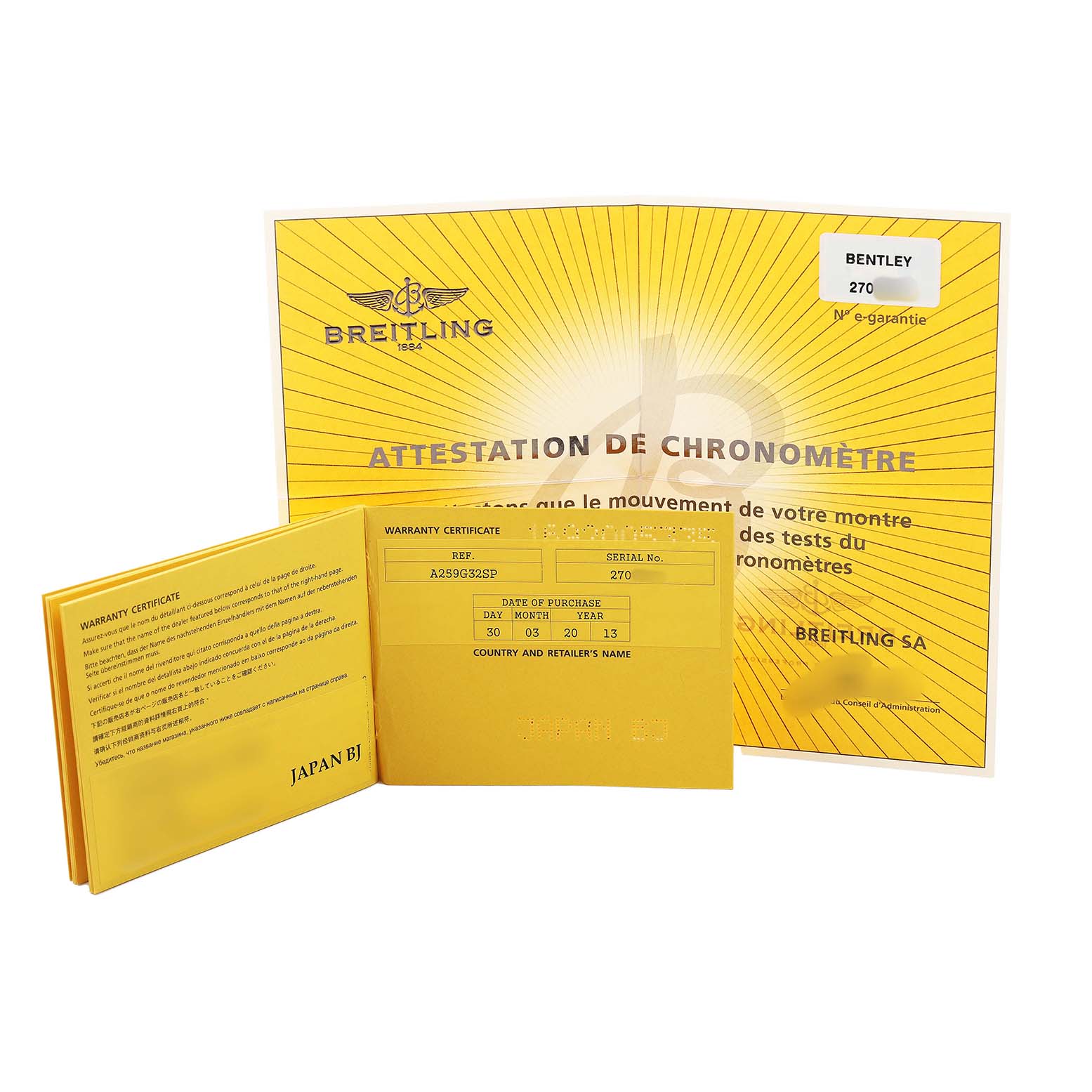 This image shows the warranty and chronometer attestation certificates for the Breitling Bentley A25366 Men's Stainless Steel Silver Dial watch model.