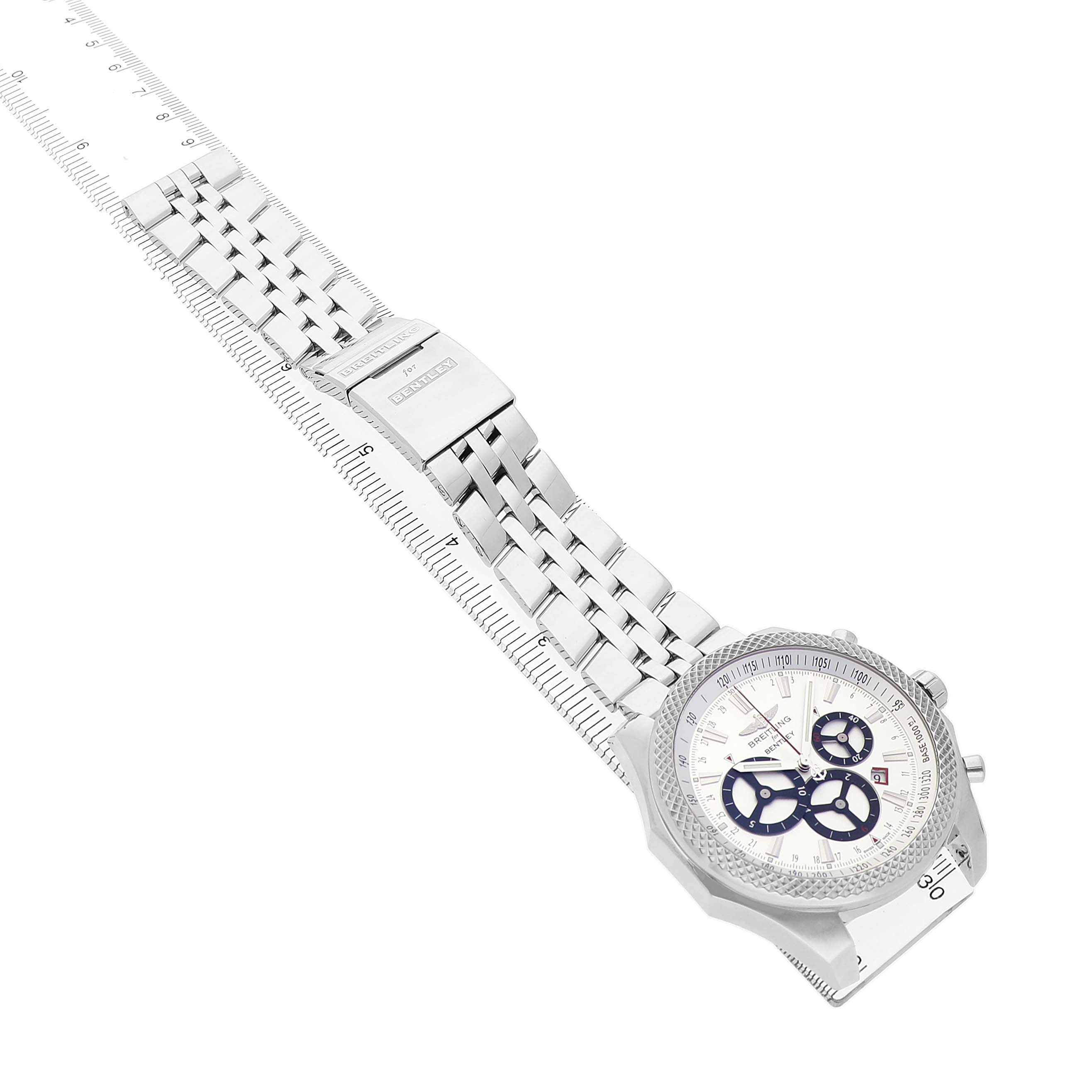 The Breitling Bentley A25366 Men's Stainless Steel Silver Dial watch is shown from a top-down angle, highlighting the dial, bezel, and metal bracelet.