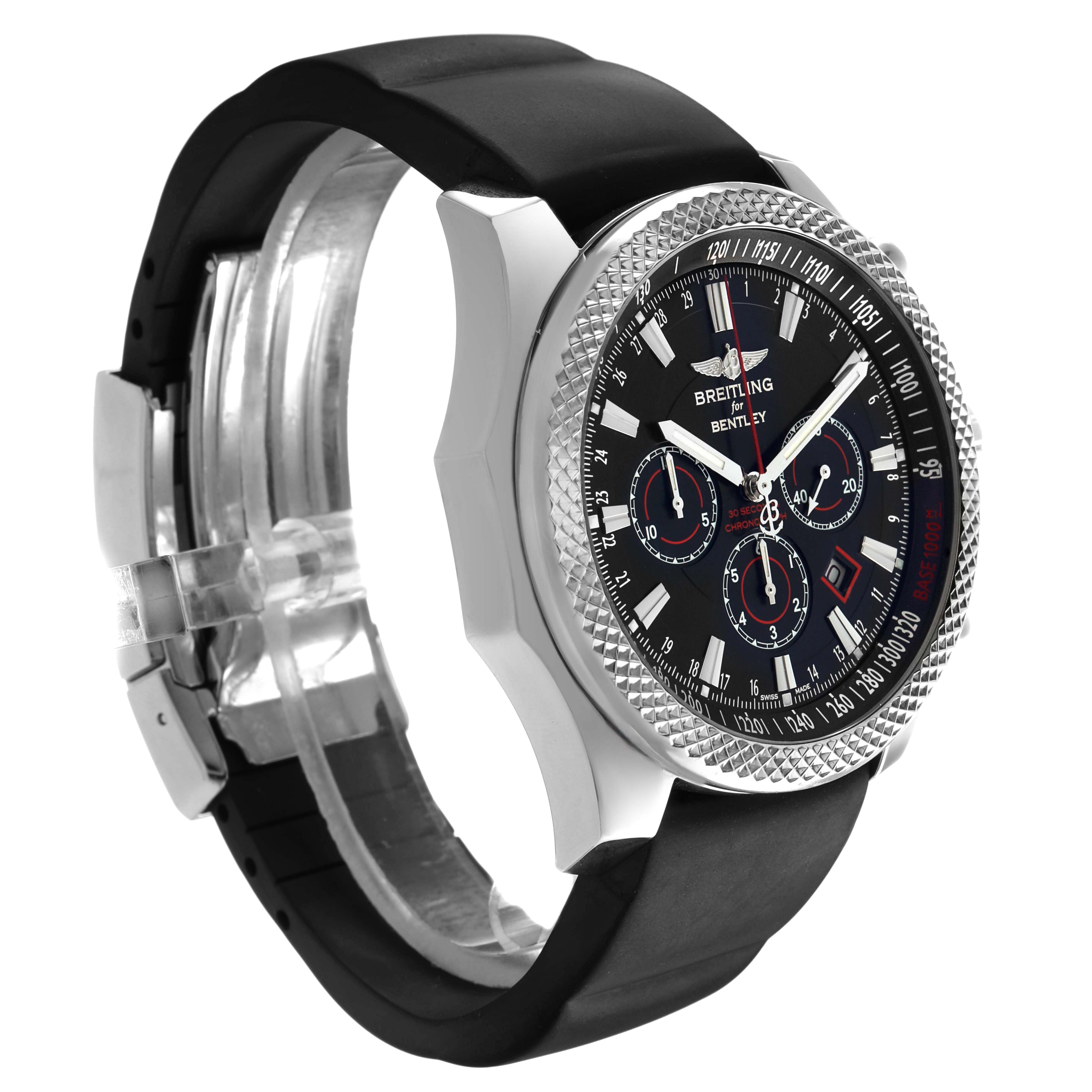 The Breitling Bentley A25368 Men's Stainless Steel Black Dial watch is shown at an angled side view, highlighting the bezel, dial, and rubber strap.