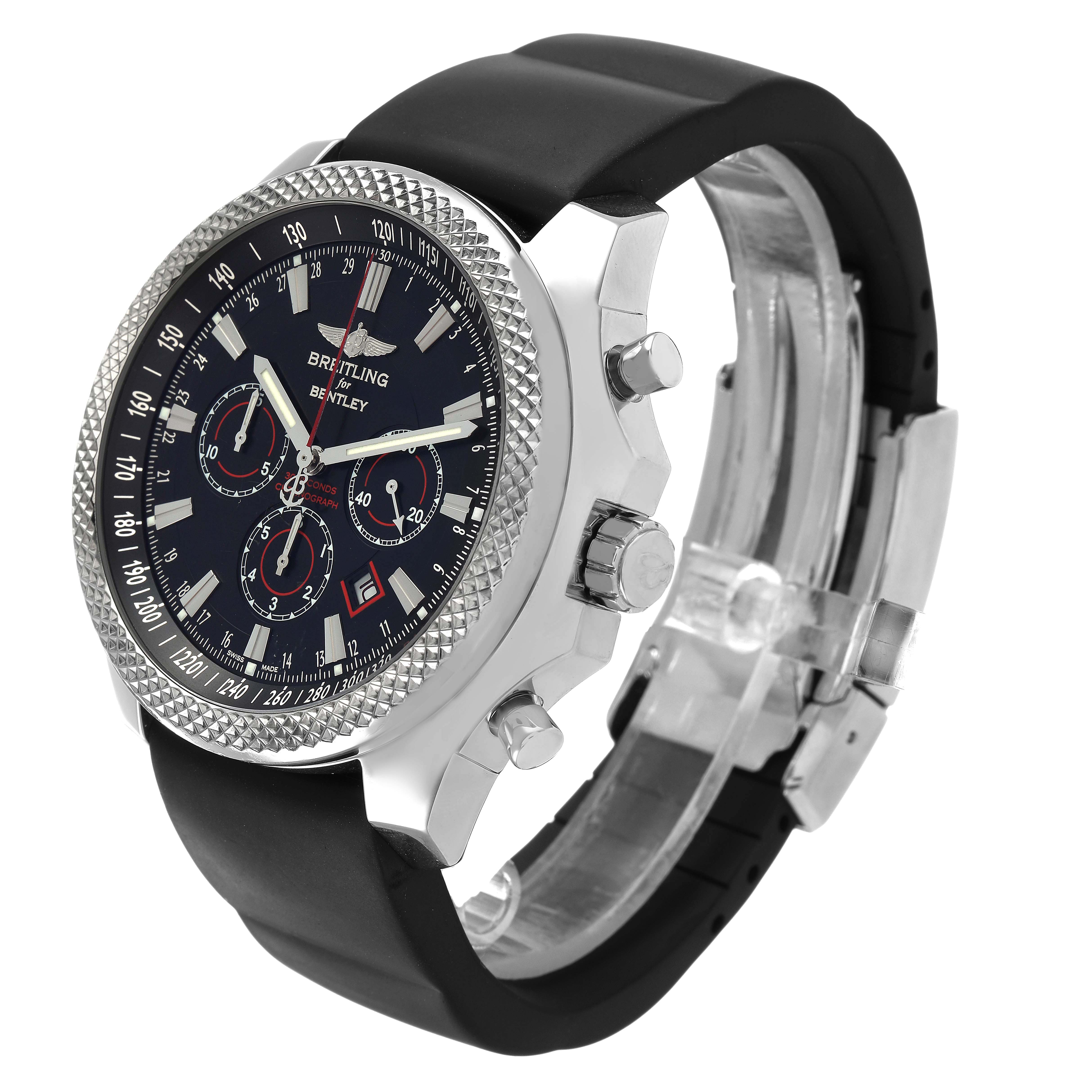 The Breitling Bentley A25368 Men's Stainless Steel Black Dial watch is shown at a slight angle, displaying the face, bezel, pushers, and black strap clearly.