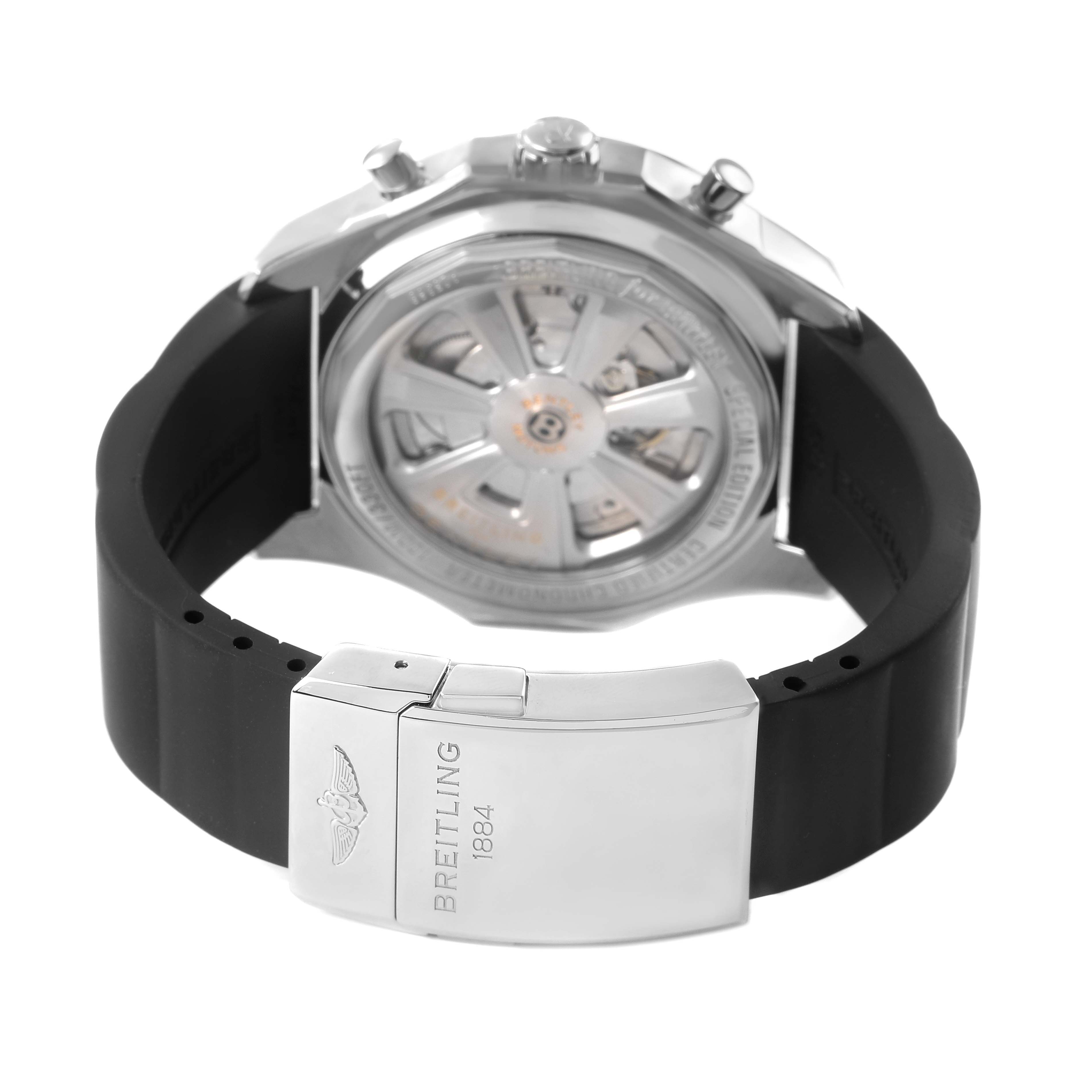 The image shows the back and clasp of a Bentley model Breitling watch with visible movement and branding.