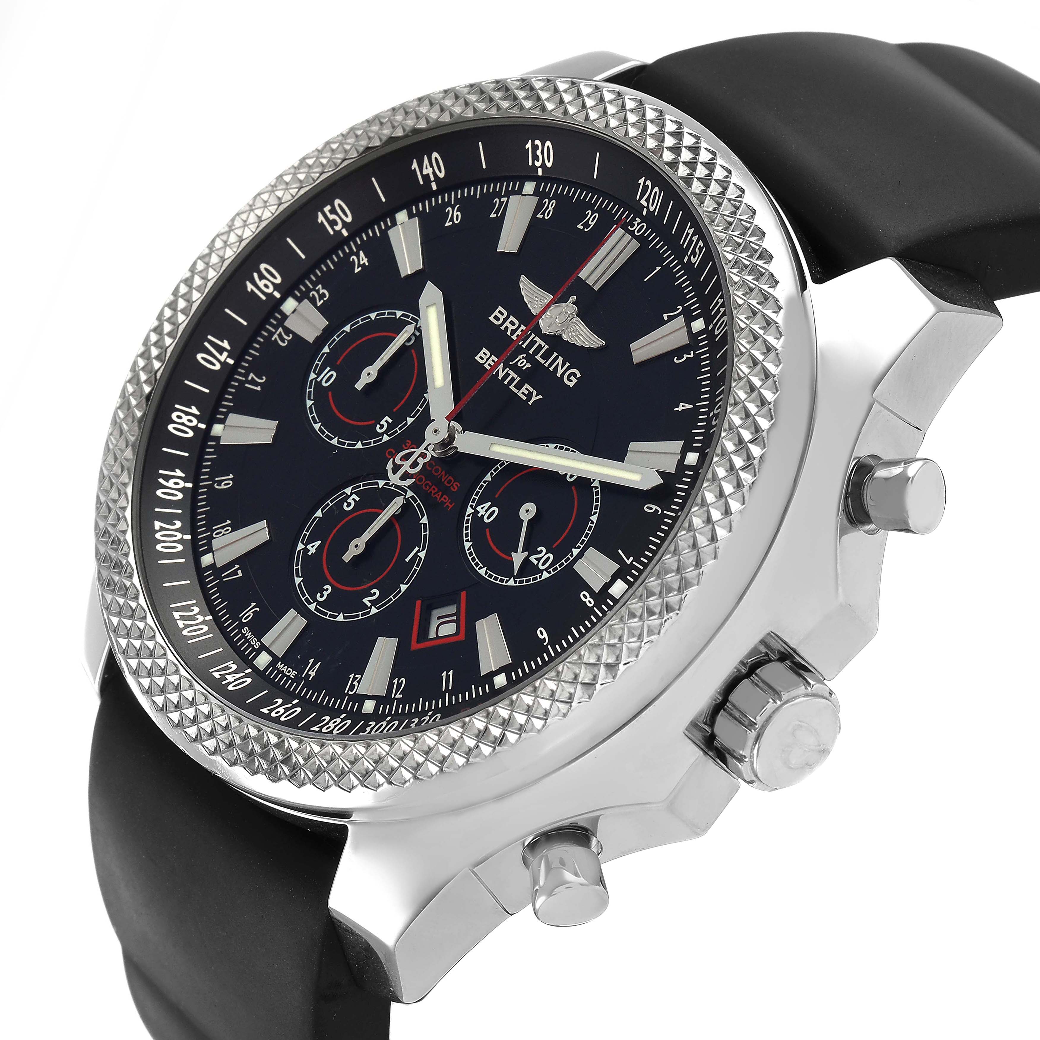 The Breitling Bentley A25368 Men's Stainless Steel Black Dial watch is shown at a slight angle, focusing on the bezel, face, and side chronograph buttons.