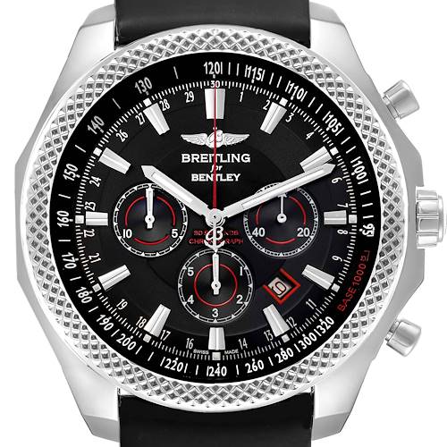 The image shows a Breitling for Bentley watch face straight on, highlighting the bezel, subdials, and brand logo.