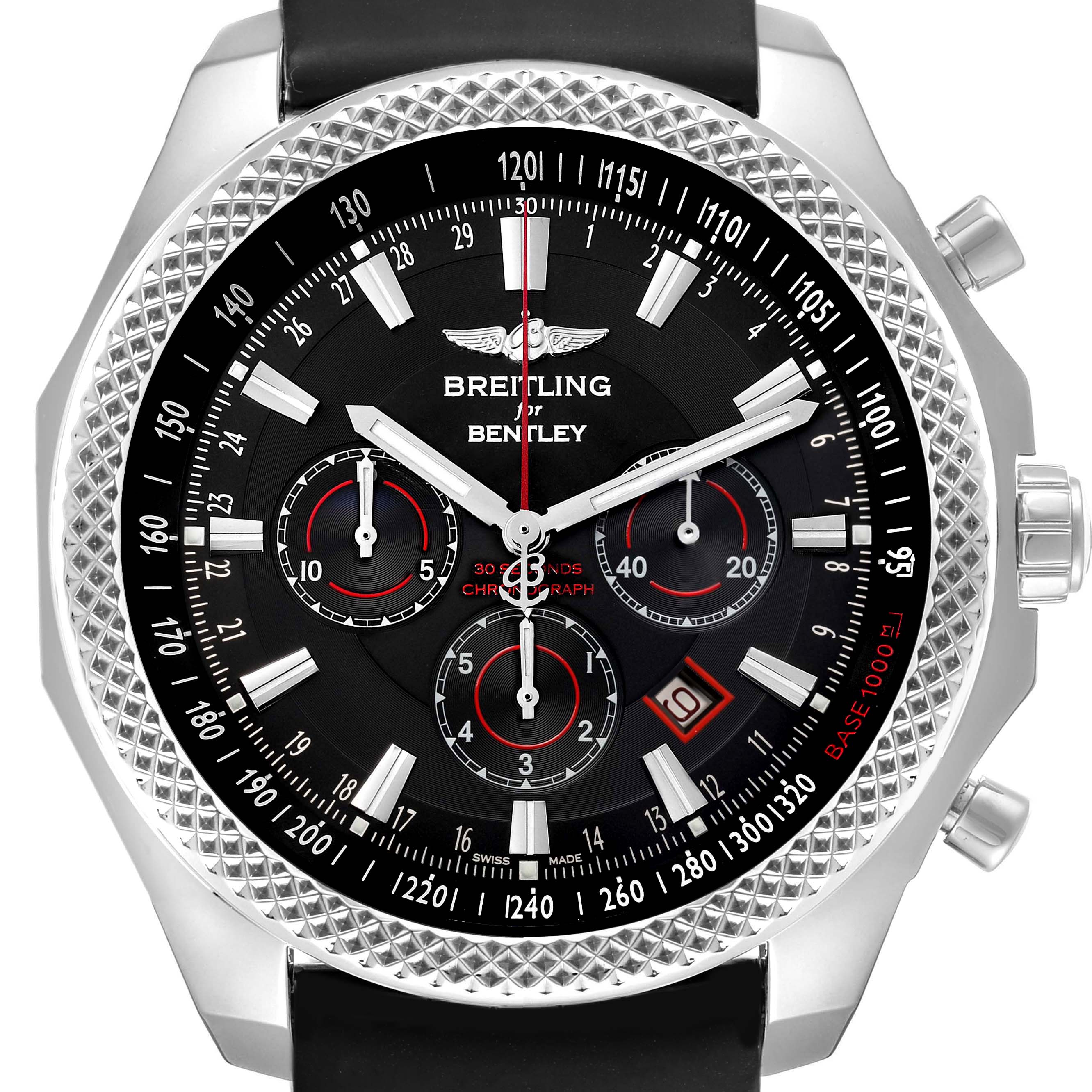 The Breitling Bentley A25368 Men's Stainless Steel Black Dial watch is shown from a front angle, highlighting the dial, bezel, chronograph subdials, and pushers.