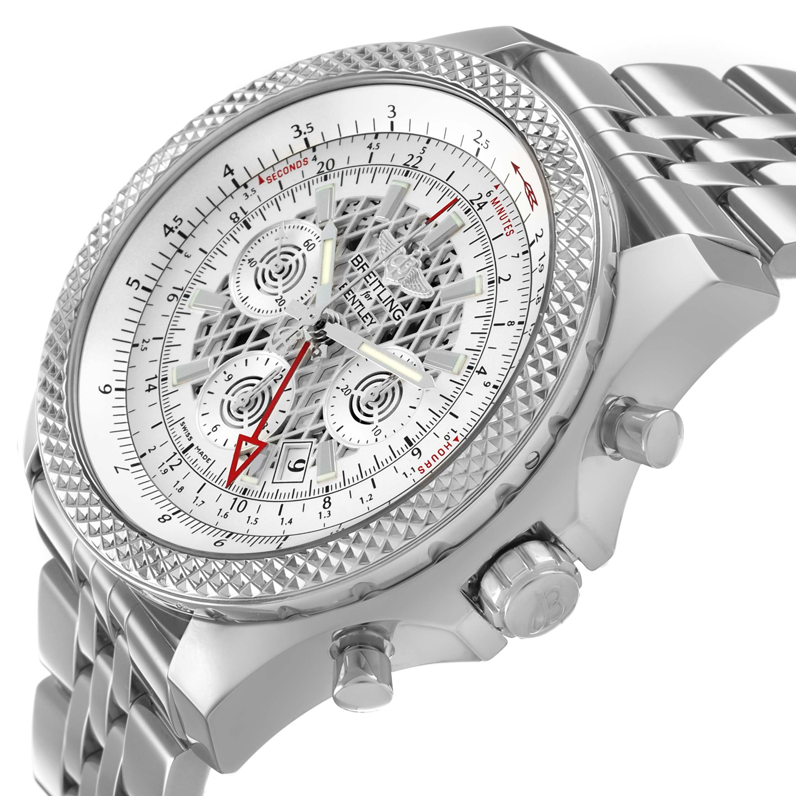 The Breitling Bentley AB0431 Men's Stainless Steel Silver Dial watch is shown from a side angle highlighting the face, bezel, and bracelet links.