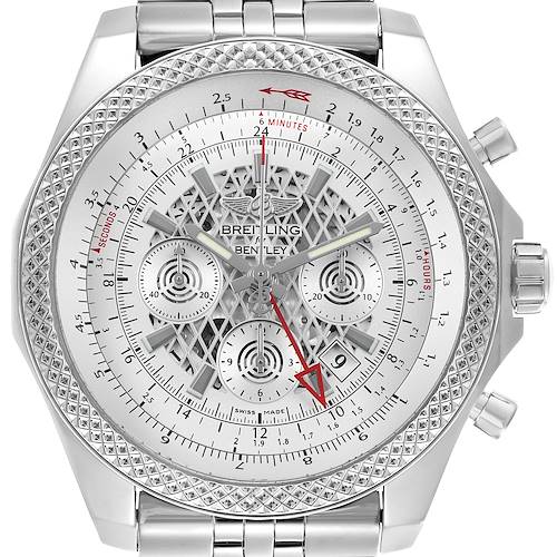 The image shows a frontal view of the Breitling Bentley AB0431 Men's Stainless Steel Silver Dial watch, highlighting its dial, bezel, subdials, and crown.