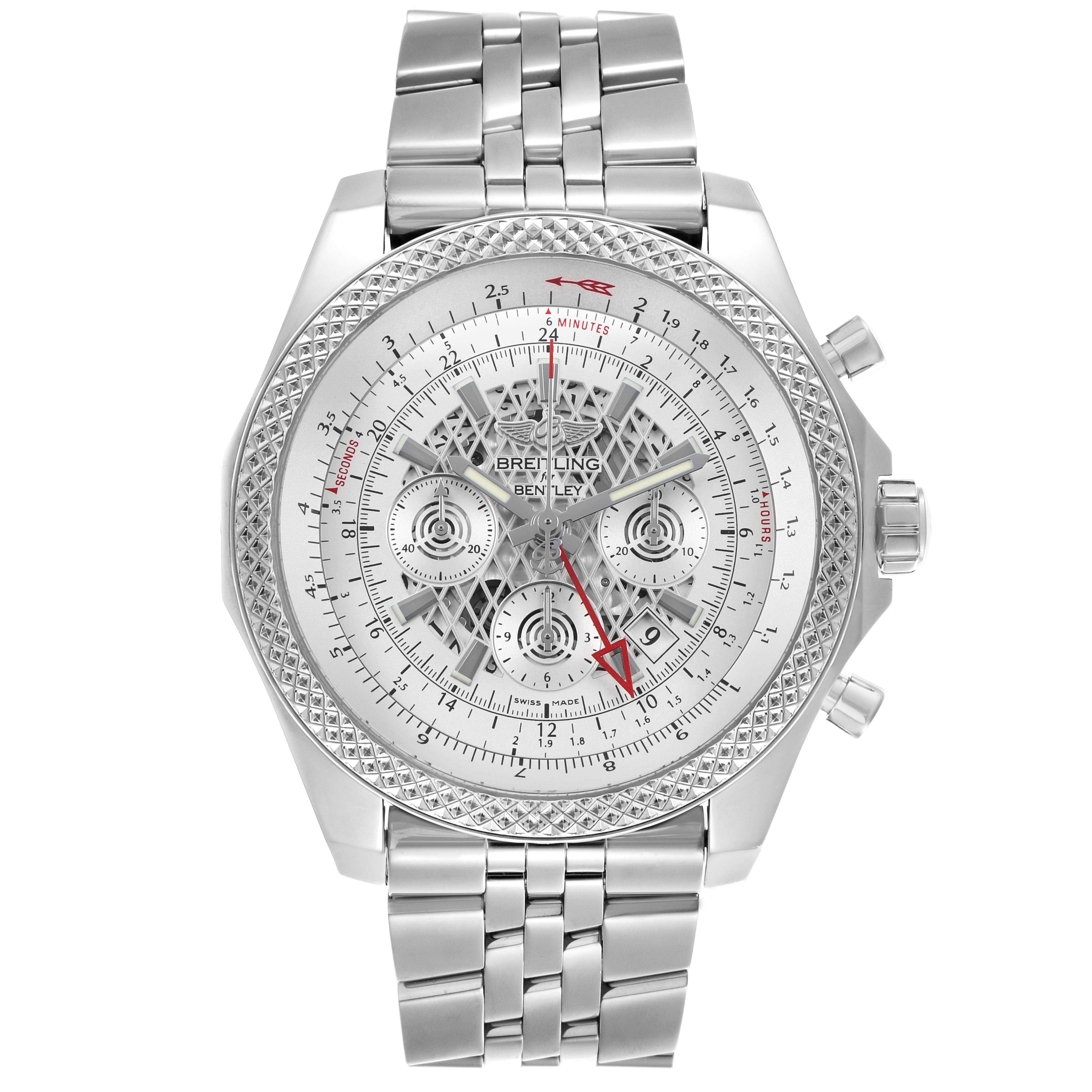 The Breitling Bentley AB0431 Men's Stainless Steel Silver Dial watch is shown from a front angle, displaying its dial, bezel, and metal bracelet.