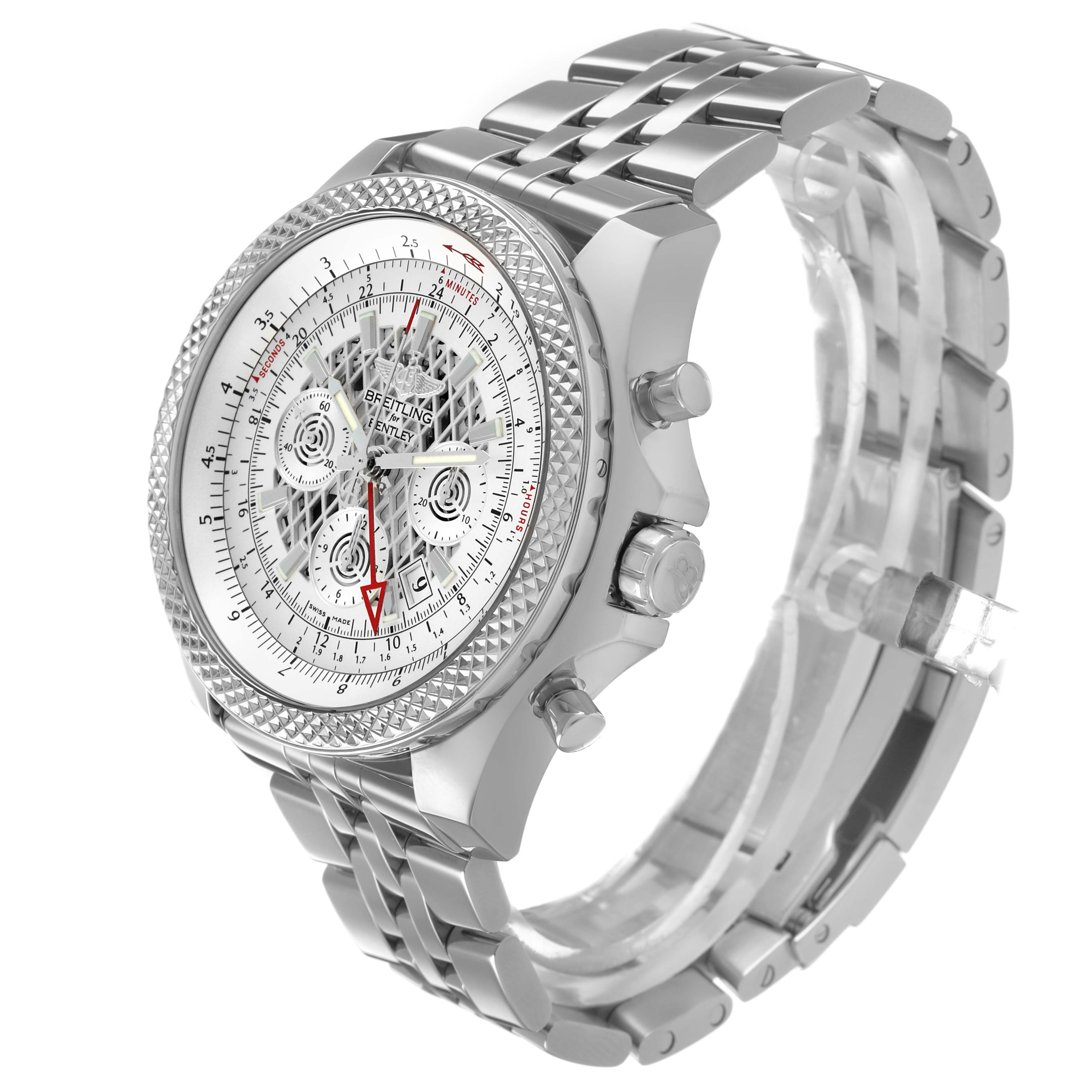 The Breitling Bentley AB0431 Men's Stainless Steel Silver Dial watch is shown at a slight angle, displaying its face, side buttons, and metal bracelet.