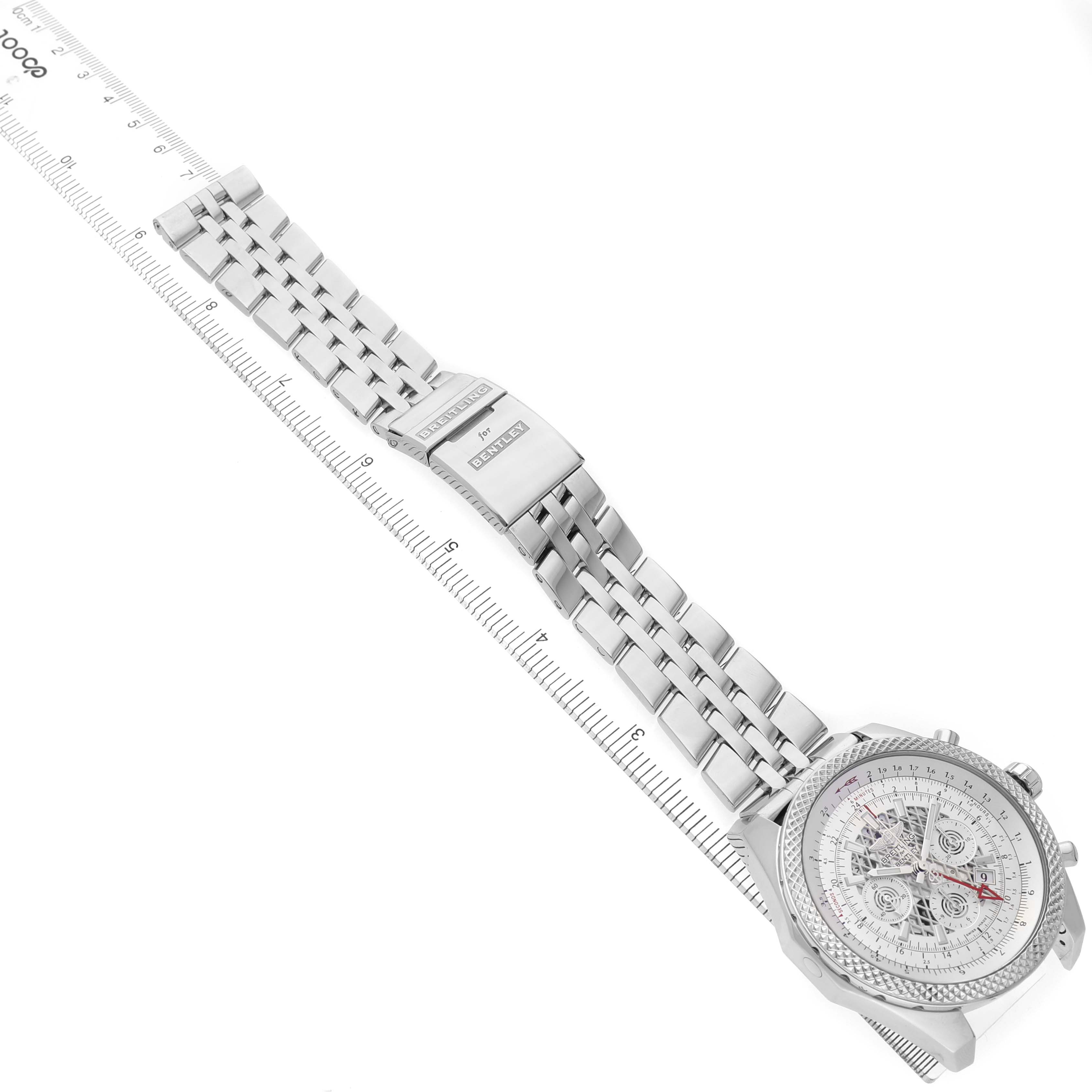 The Bentley by Breitling watch is shown from an overhead angle, highlighting the dial, bracelet, and clasp.