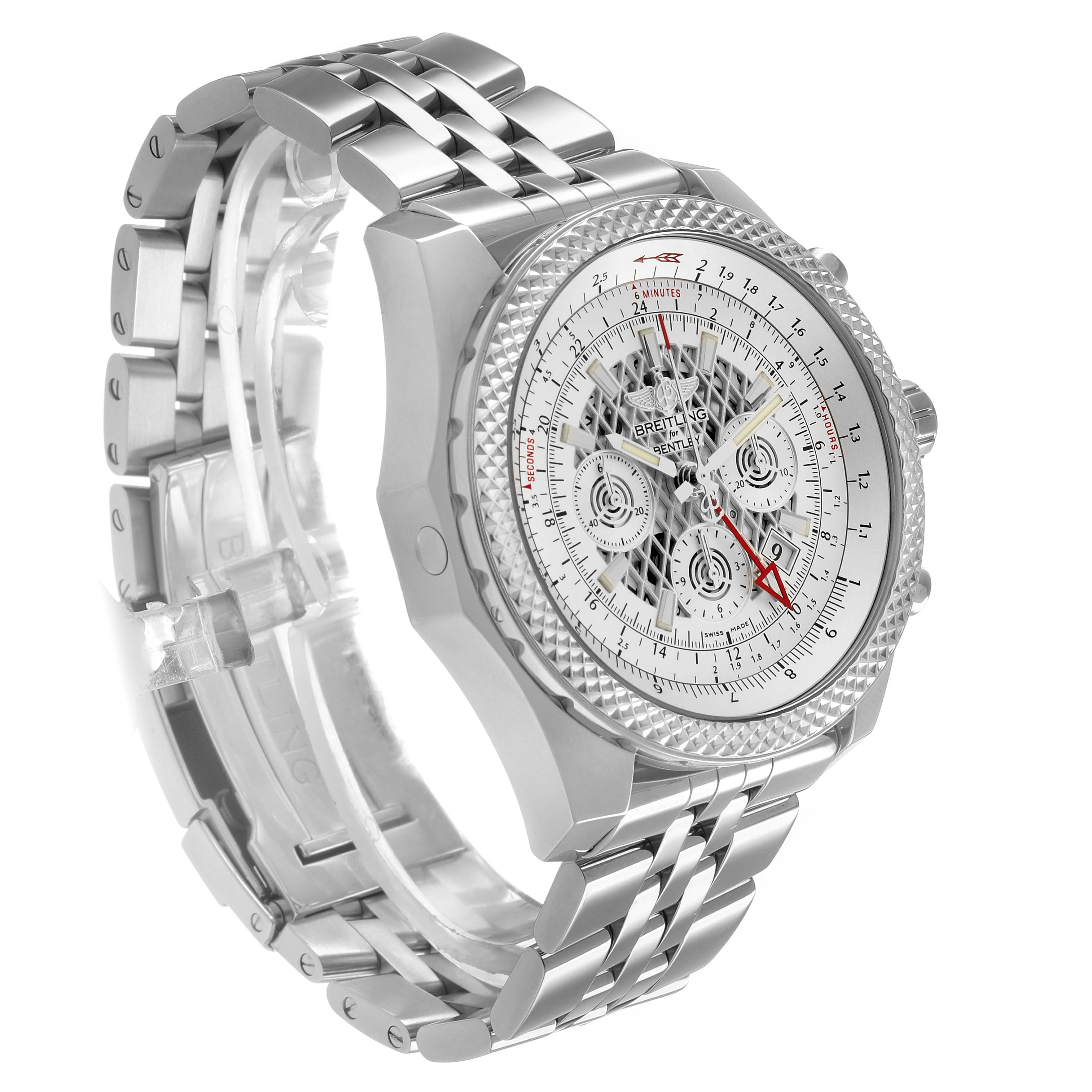 The Bentley model by Breitling is shown from a three-quarter angle, highlighting the bracelet, bezel, and face details.