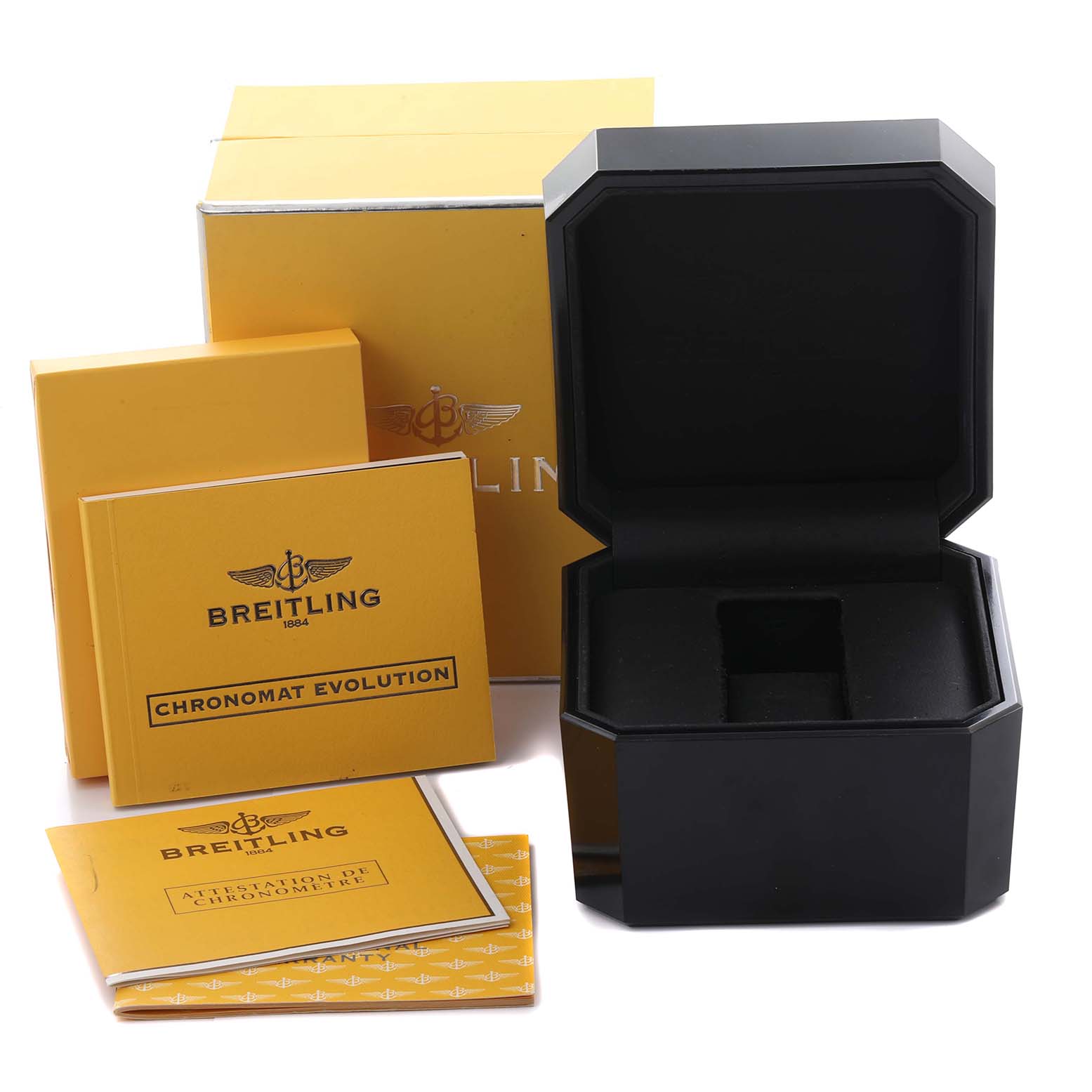 The image shows a Breitling Chronomat C156A19PAC Men
s Steel and Gold (two tone) Silver Dial C156A19PAC Men
s Steel and Gold (two tone) Silver Dial watch box with open lid, manuals, and a branded outer box from the front angle.