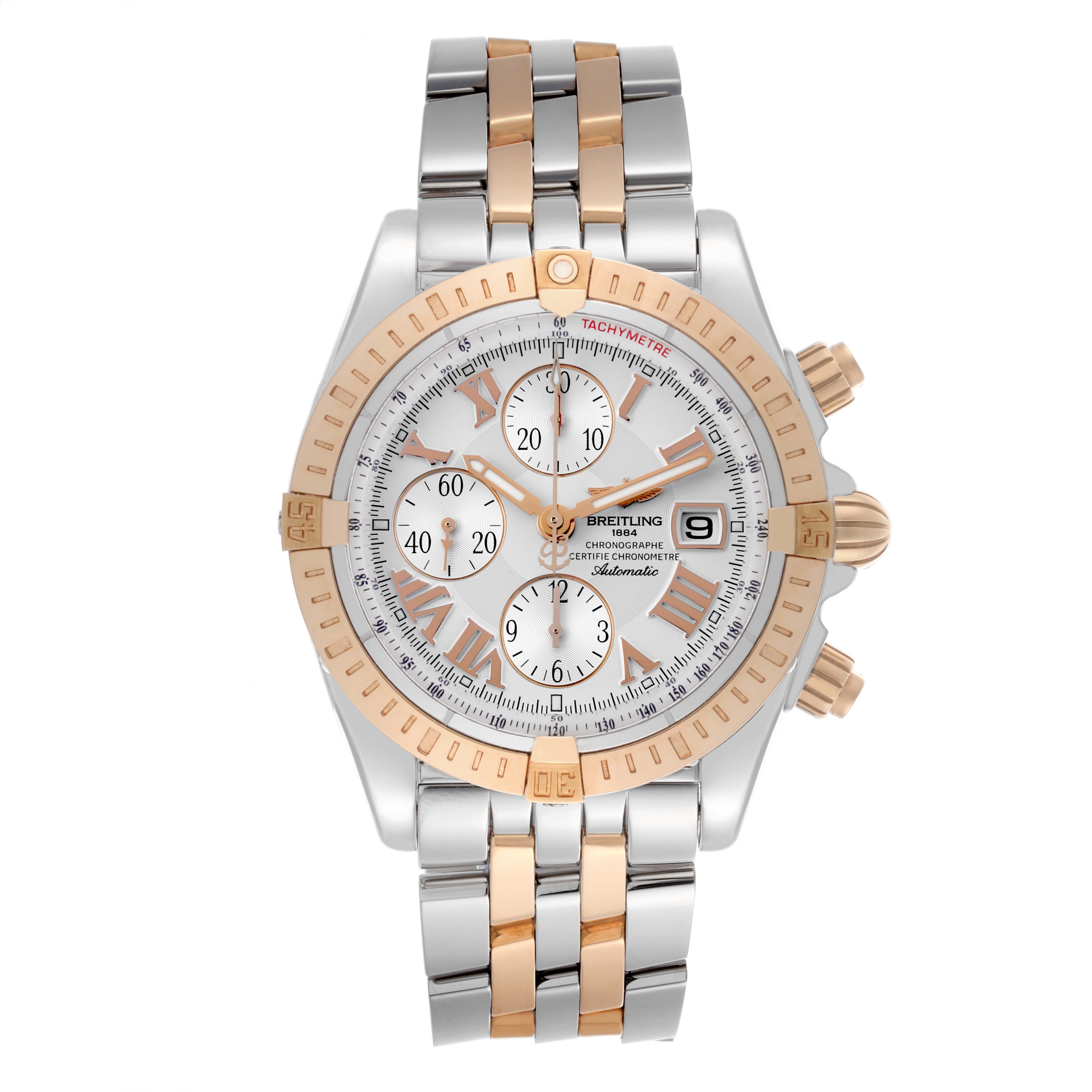 The image shows a front view of a Breitling Chronomat C156A19PAC Men
s Steel and Gold (two tone) Silver Dial C156A19PAC Men
s Steel and Gold (two tone) Silver Dial watch, highlighting its bezel, dial, sub-dials, and two-tone bracelet.