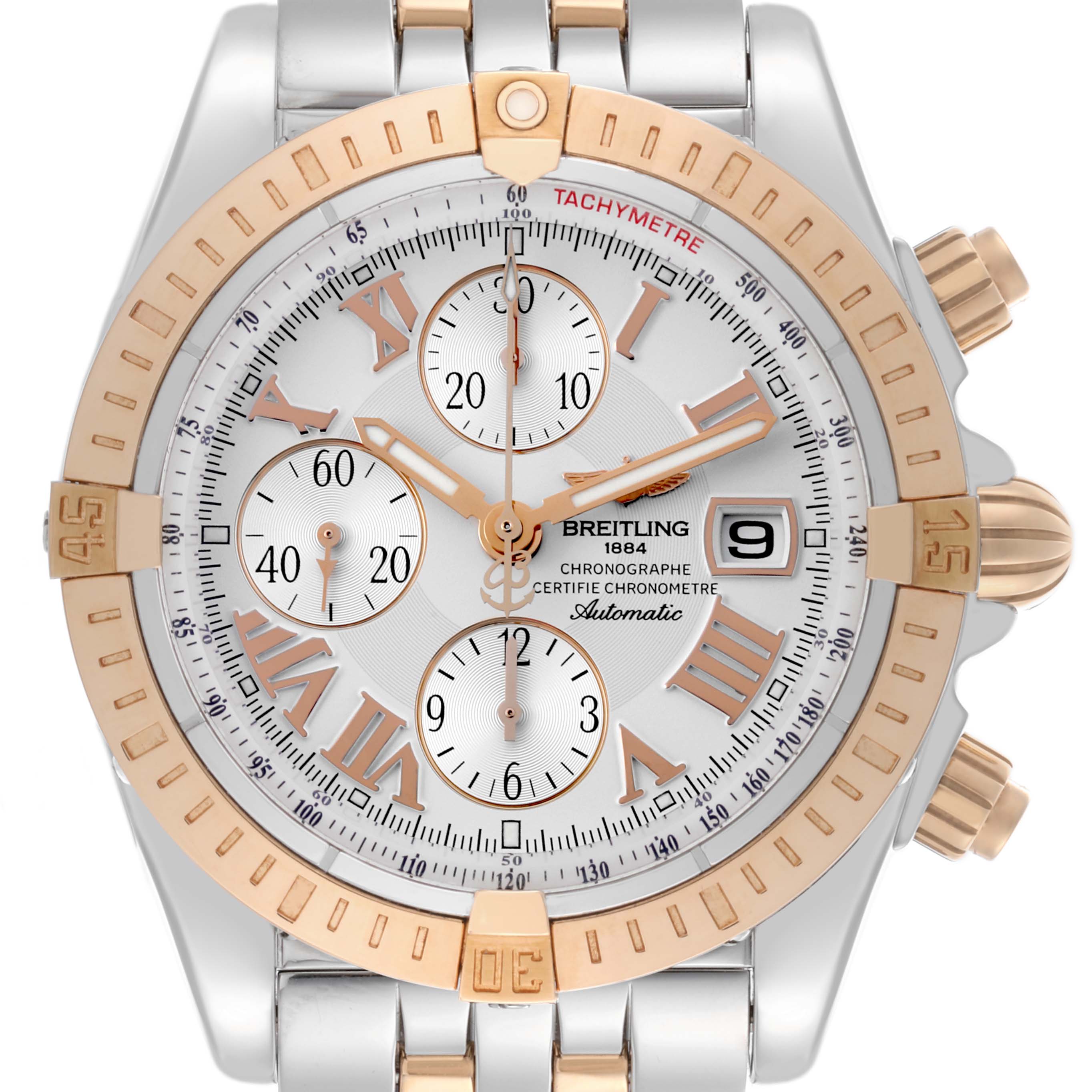 The Breitling Chronomat C156A19PAC Men
s Steel and Gold (two tone) Silver Dial C156A19PAC Men
s Steel and Gold (two tone) Silver Dial watch is shown from a front angle, highlighting the bezel, dial, and subdials.