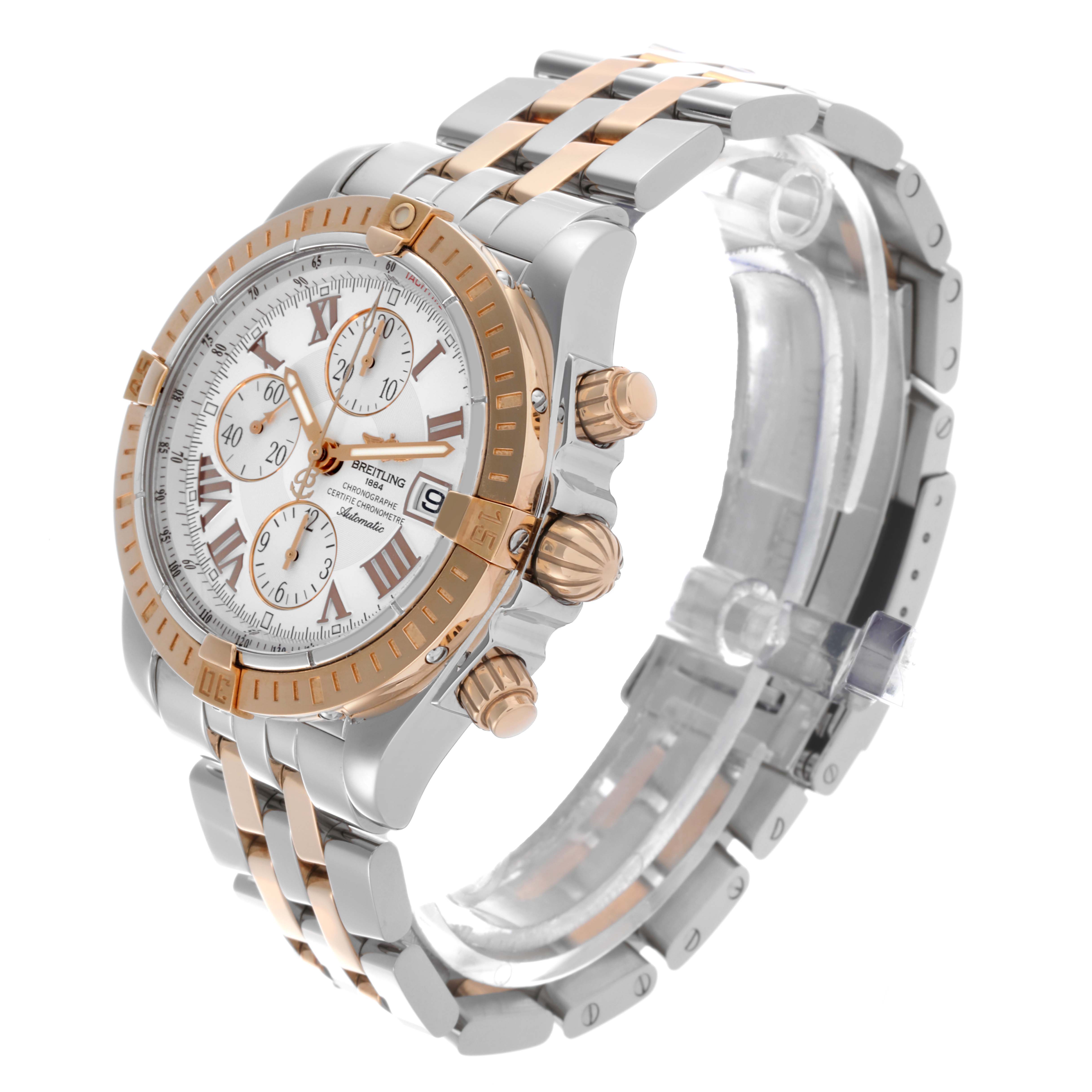 The Breitling Chronomat C156A19PAC Men
s Steel and Gold (two tone) Silver Dial C156A19PAC Men
s Steel and Gold (two tone) Silver Dial watch is shown at a three-quarter angle, displaying the dial, bezel, crown, and bracelet.