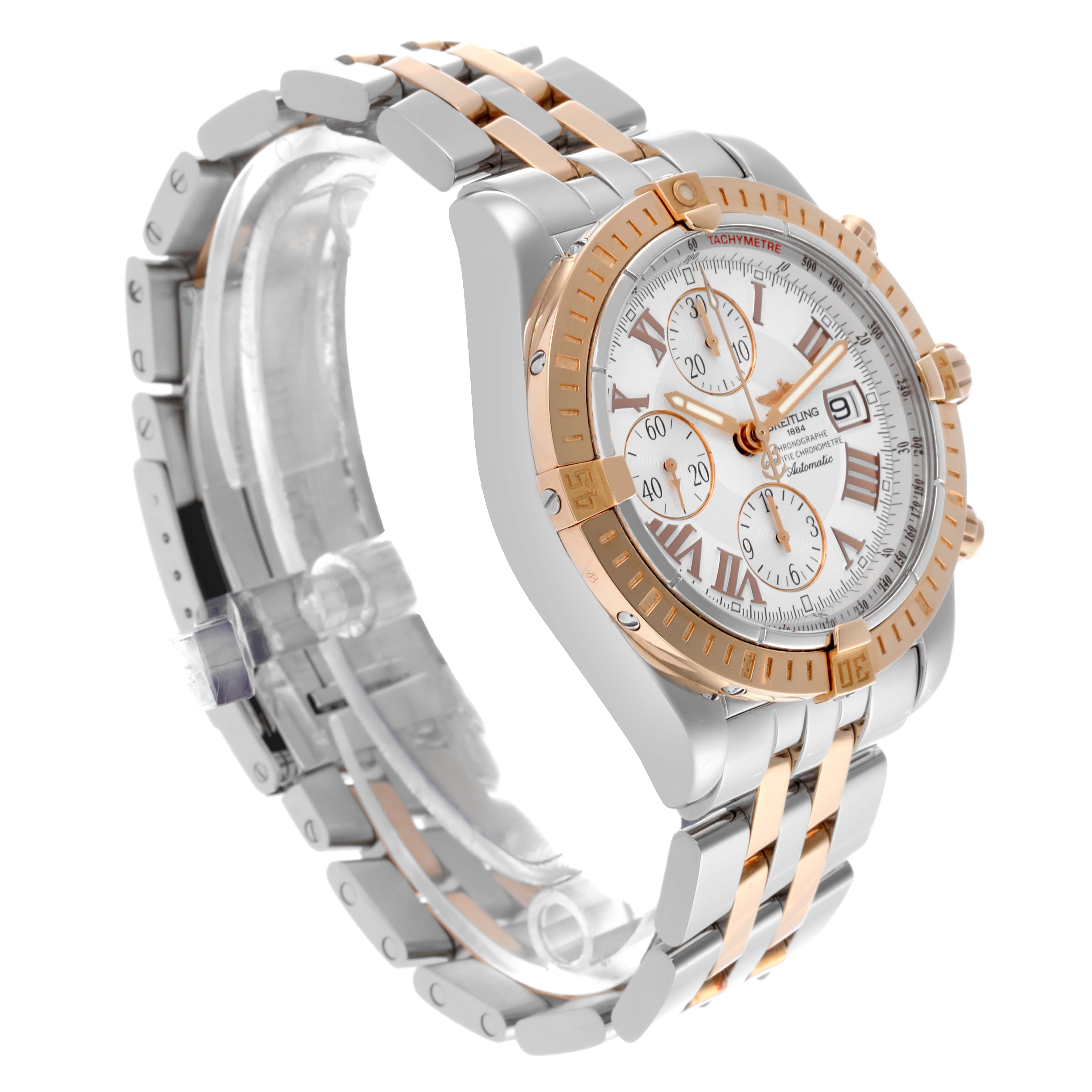 The Breitling Chronomat C156A19PAC Men
s Steel and Gold (two tone) Silver Dial C156A19PAC Men
s Steel and Gold (two tone) Silver Dial watch is shown at a three-quarter angle, highlighting its bezel, dial, and bracelet.