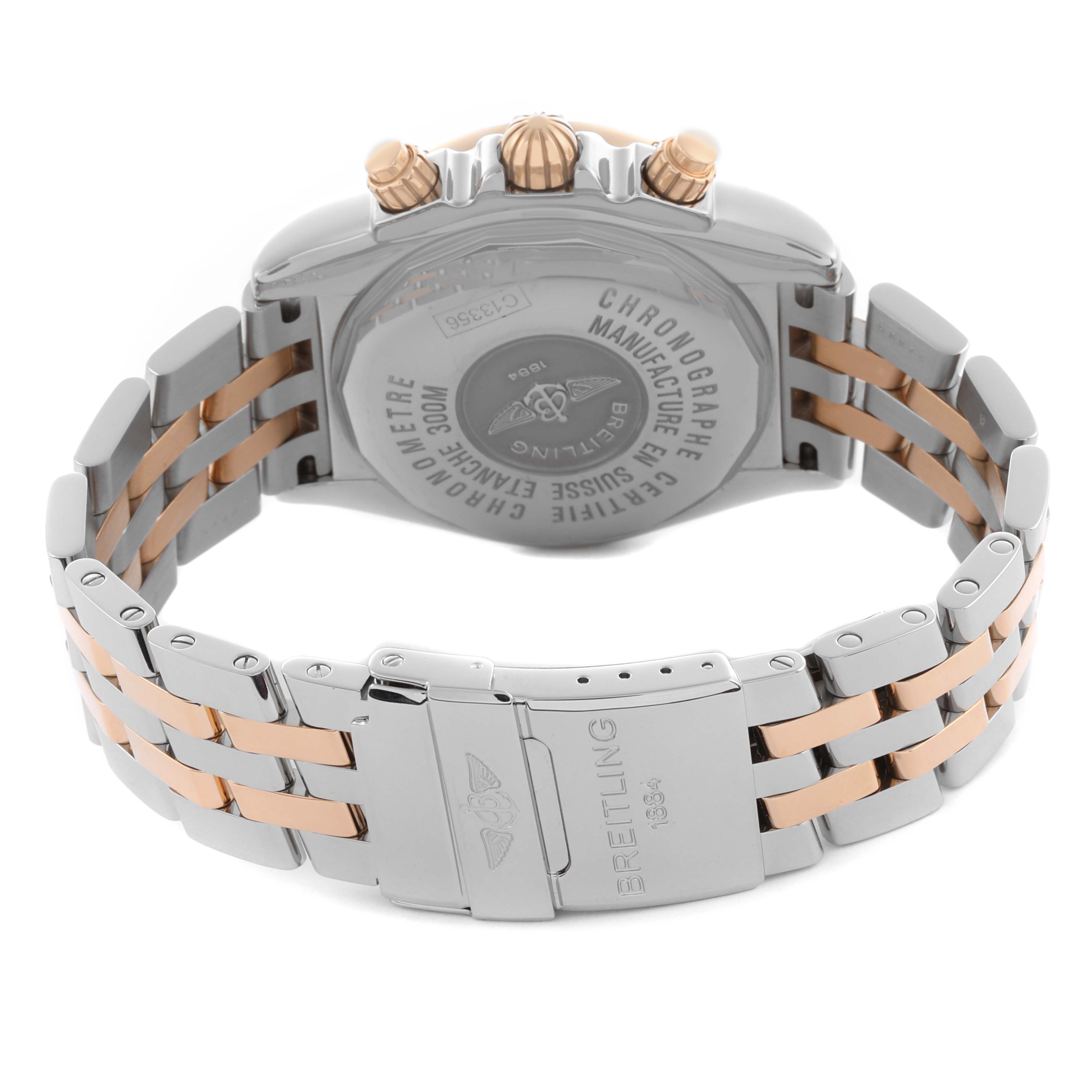 The Breitling Chronomat C156A19PAC Men
s Steel and Gold (two tone) Silver Dial C156A19PAC Men
s Steel and Gold (two tone) Silver Dial watch is shown from the back angle, highlighting the case back, crown, and two-tone bracelet clasp.