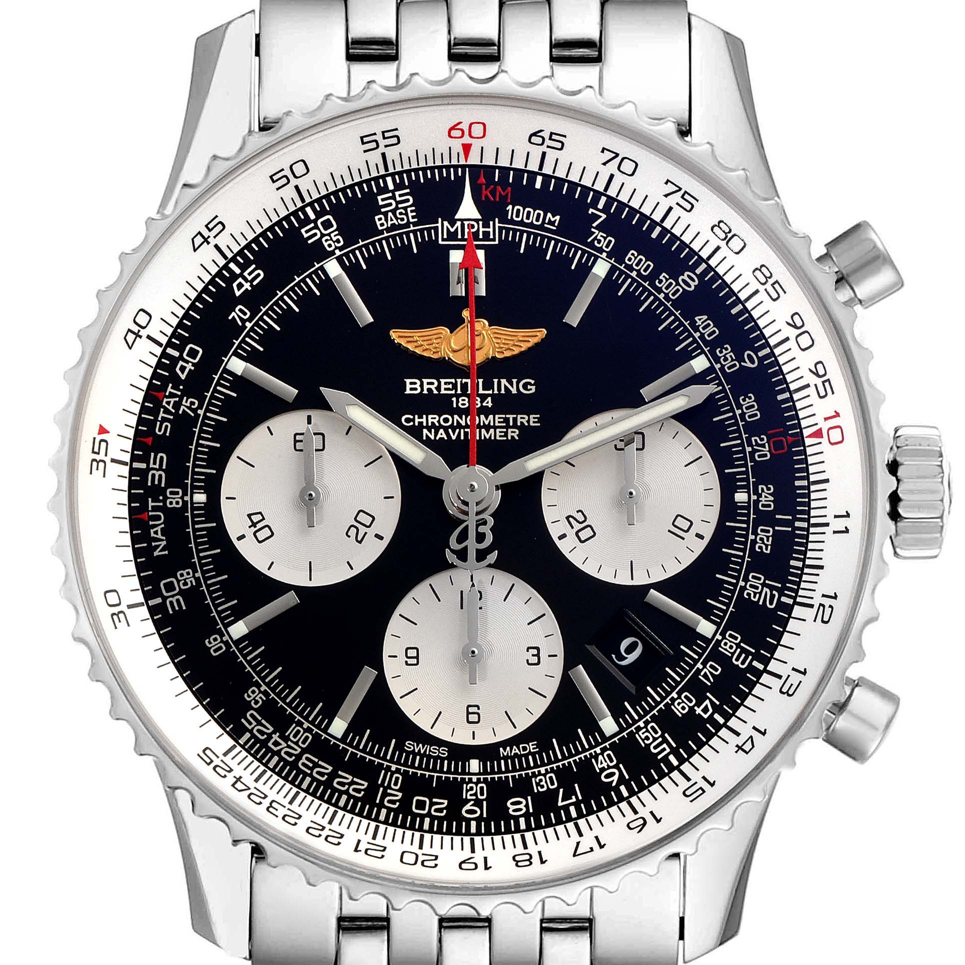 This image shows a front view of a Breitling Navitimer AB0120 Men's Stainless Steel Black Dial AB0120 Men's Stainless Steel Black Dial watch, displaying its face, bezel, and metal bracelet.
