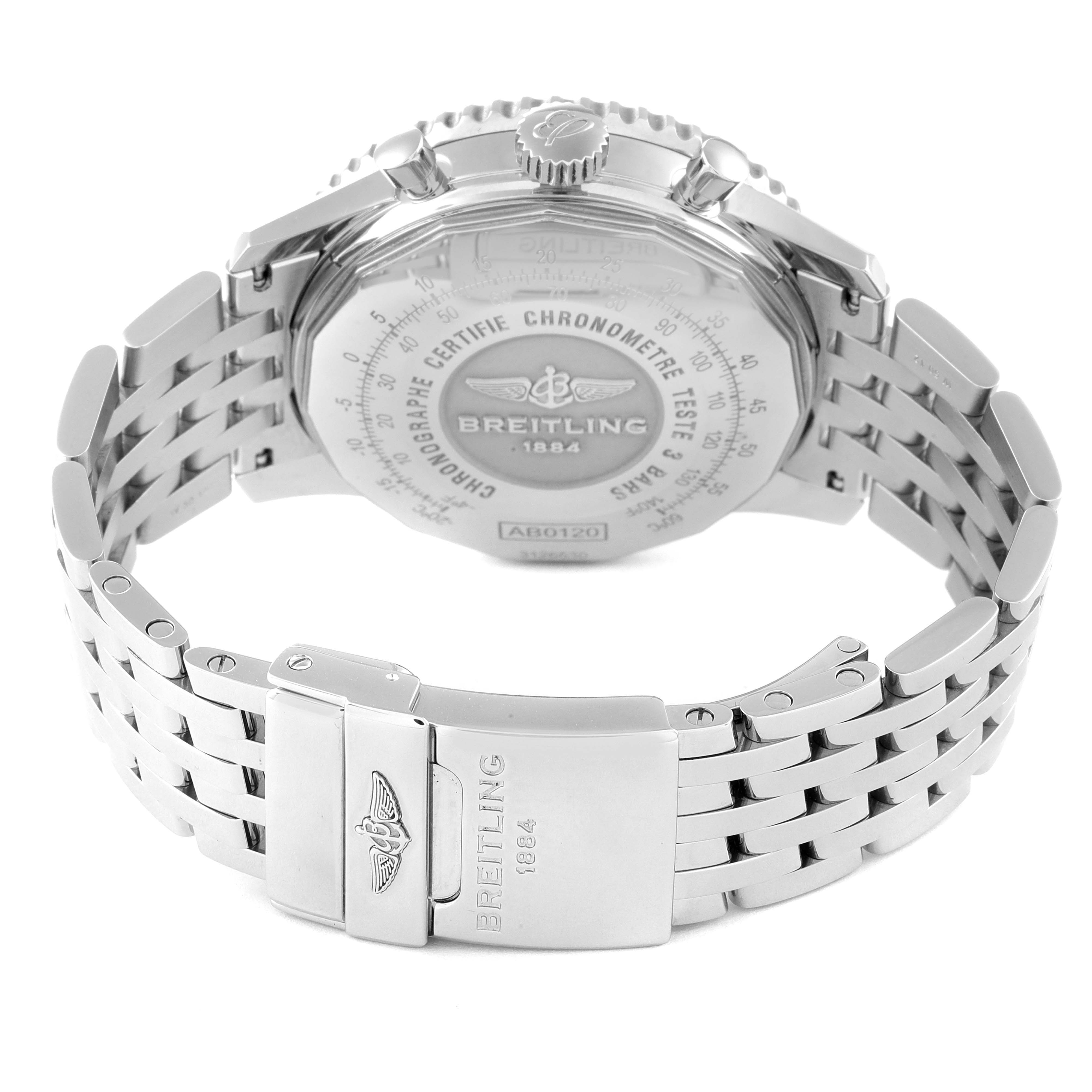 The image shows the back view and bracelet of a Breitling Navitimer AB0120 Men's Stainless Steel Black Dial AB0120 Men's Stainless Steel Black Dial watch.