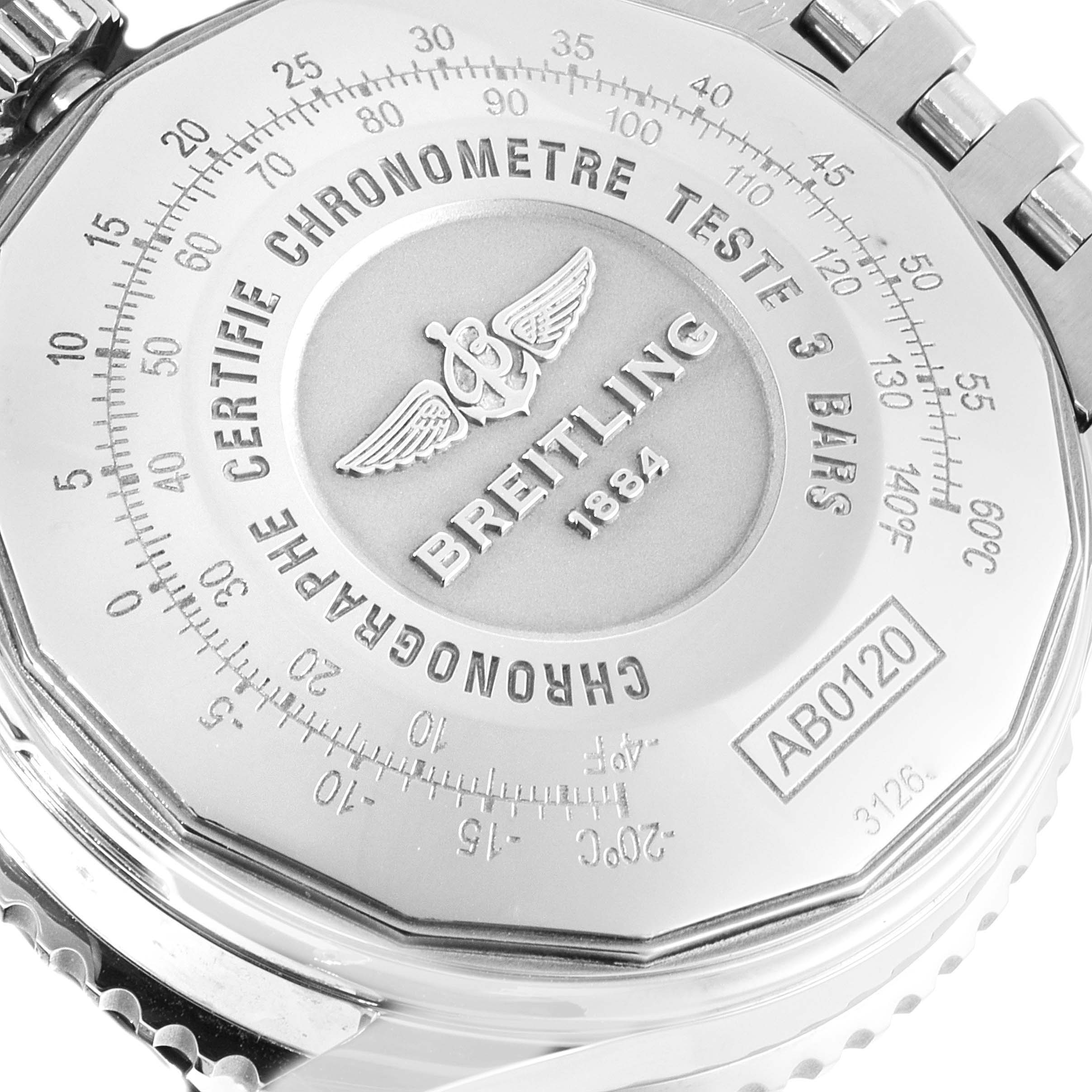This image shows the case back of the Breitling Navitimer AB0120 Men's Stainless Steel Black Dial AB0120 Men's Stainless Steel Black Dial watch with details including engravings and model number AB0120.