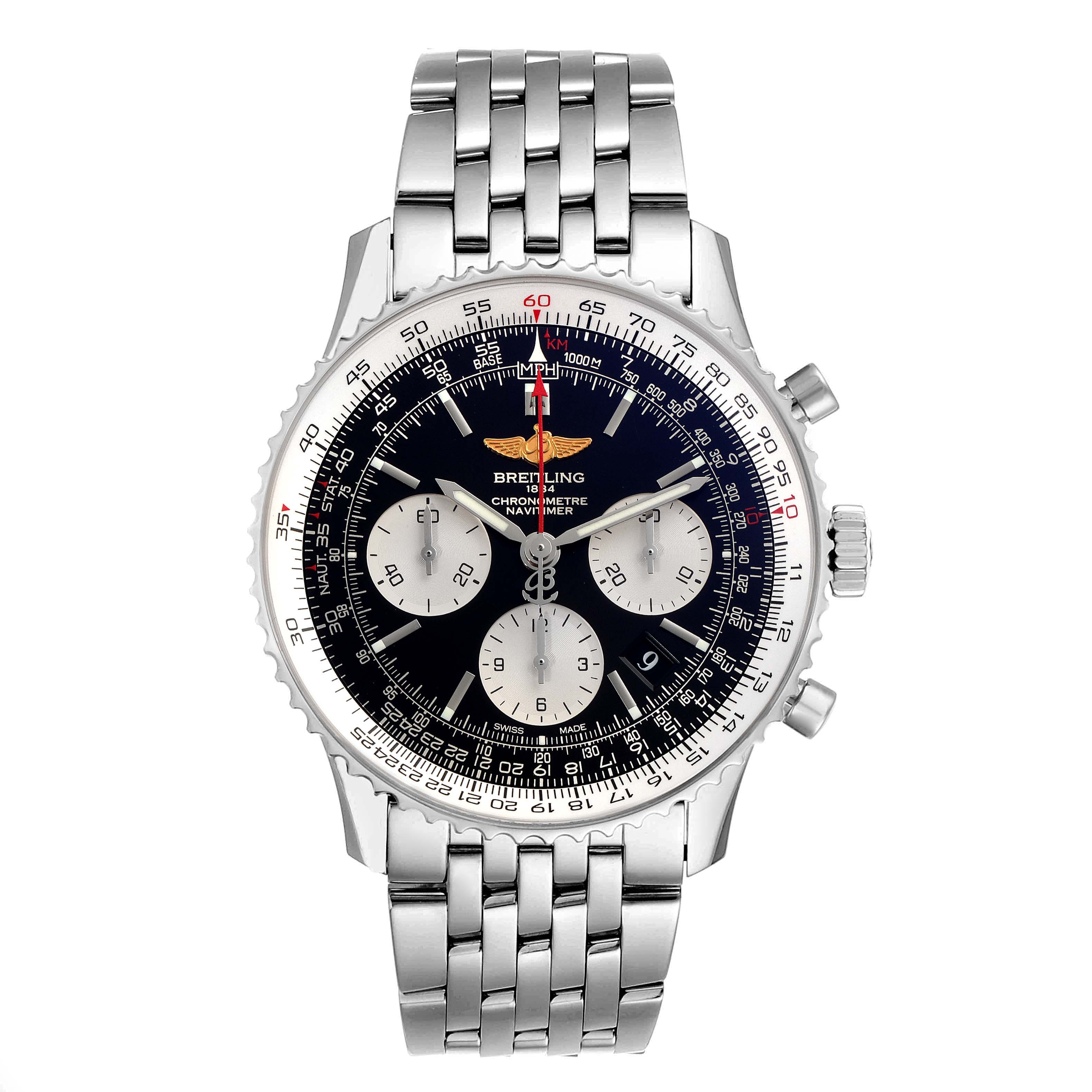 This image shows a front view of the Breitling Navitimer AB0120 Men's Stainless Steel Black Dial AB0120 Men's Stainless Steel Black Dial watch, featuring a stainless steel case and bracelet with a black dial.