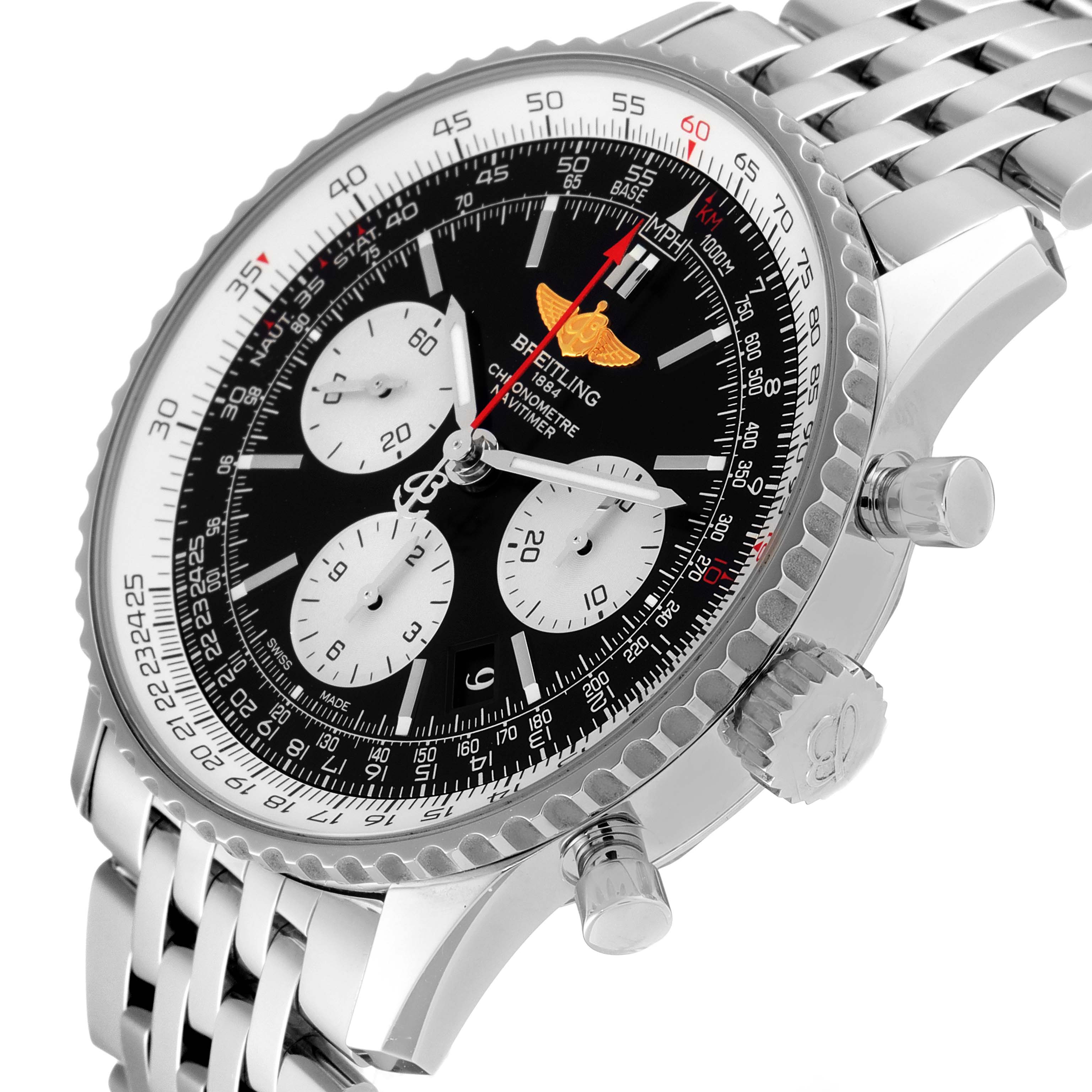 The image shows a close-up angle of the Breitling Navitimer AB0120 Men's Stainless Steel Black Dial AB0120 Men's Stainless Steel Black Dial watch, highlighting the dial, bezel, crown, and pushers.