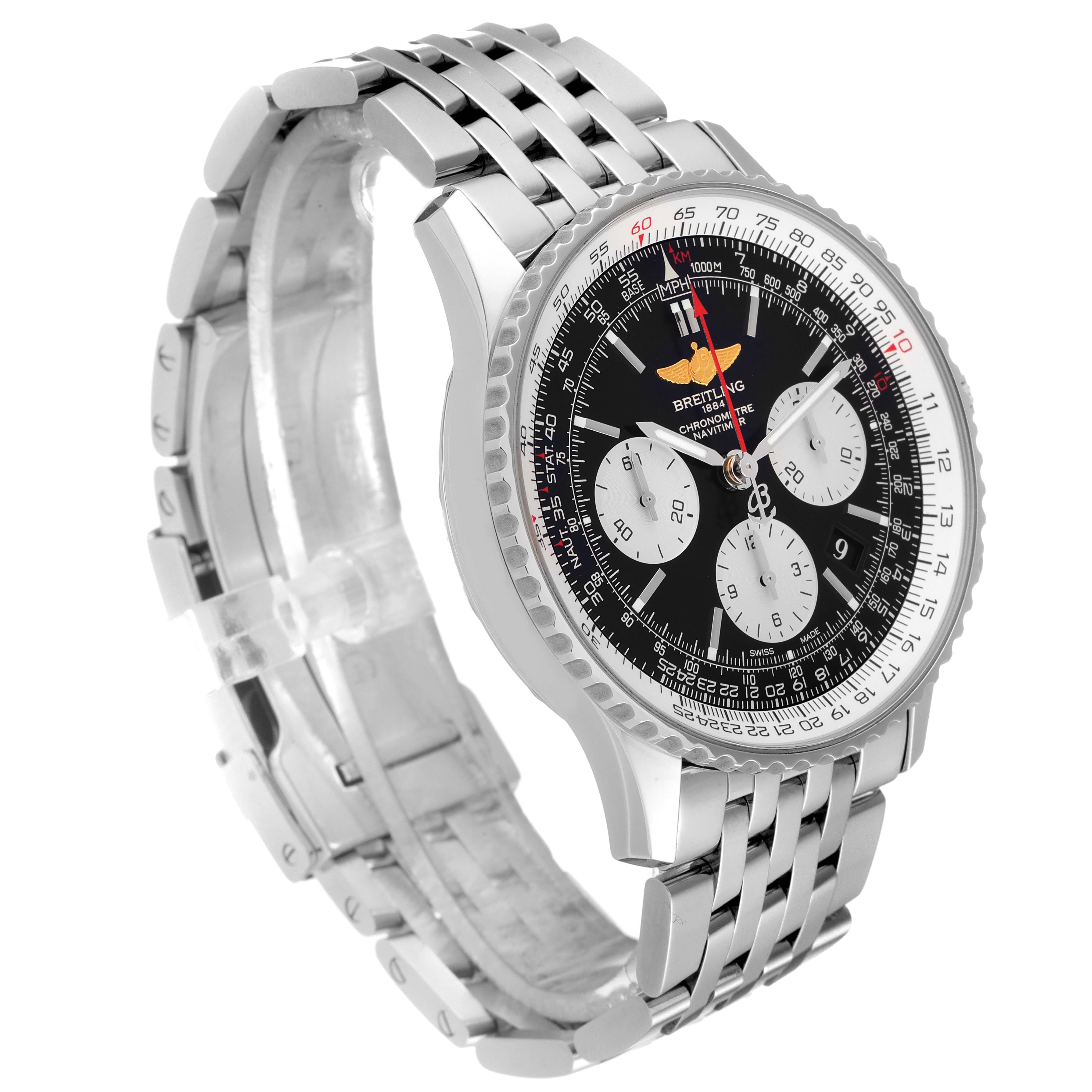 The image shows a Breitling Navitimer AB0120 Men's Stainless Steel Black Dial AB0120 Men's Stainless Steel Black Dial watch at an angled side view, highlighting the dial, bezel, and part of the stainless steel bracelet.
