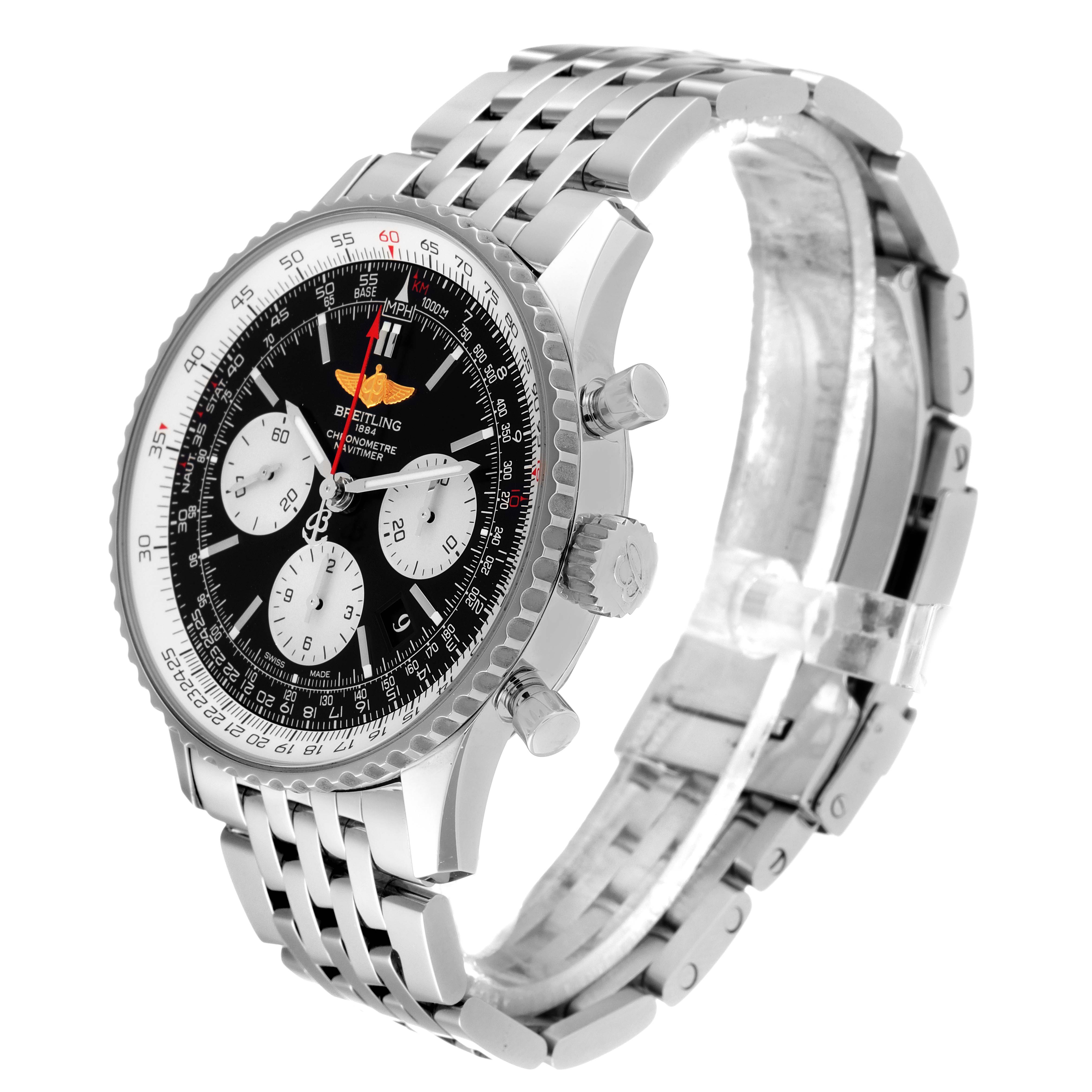 The image shows a side angle of a Breitling Navitimer AB0120 Men's Stainless Steel Black Dial AB0120 Men's Stainless Steel Black Dial watch, highlighting its stainless steel bracelet, bezel, and chronograph dials.