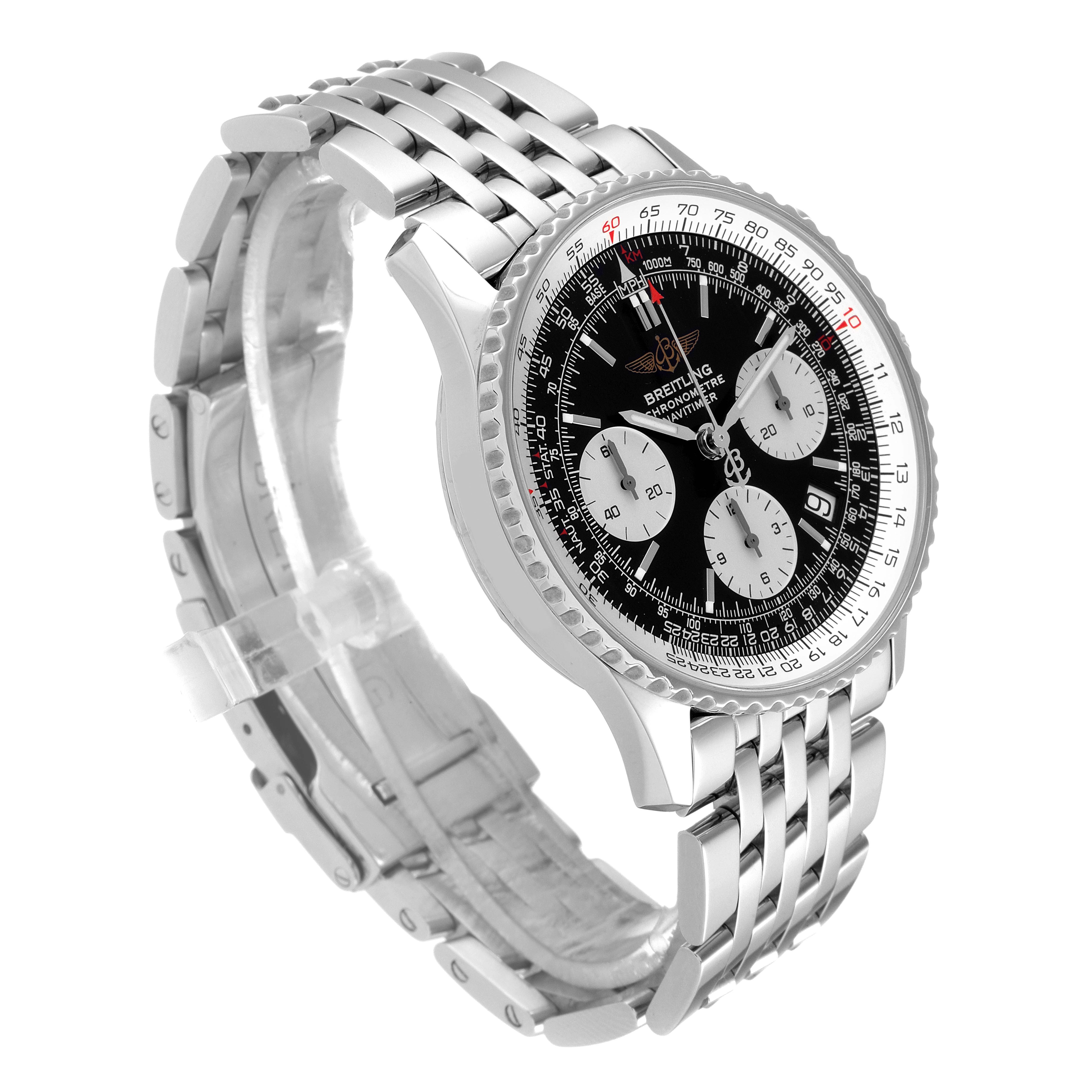 This image shows a side and partial top view of a Breitling Navitimer A23322 Men's Stainless Steel Black Dial A23322 Men's Stainless Steel Black Dial watch highlighting its bezel, dial, and bracelet.
