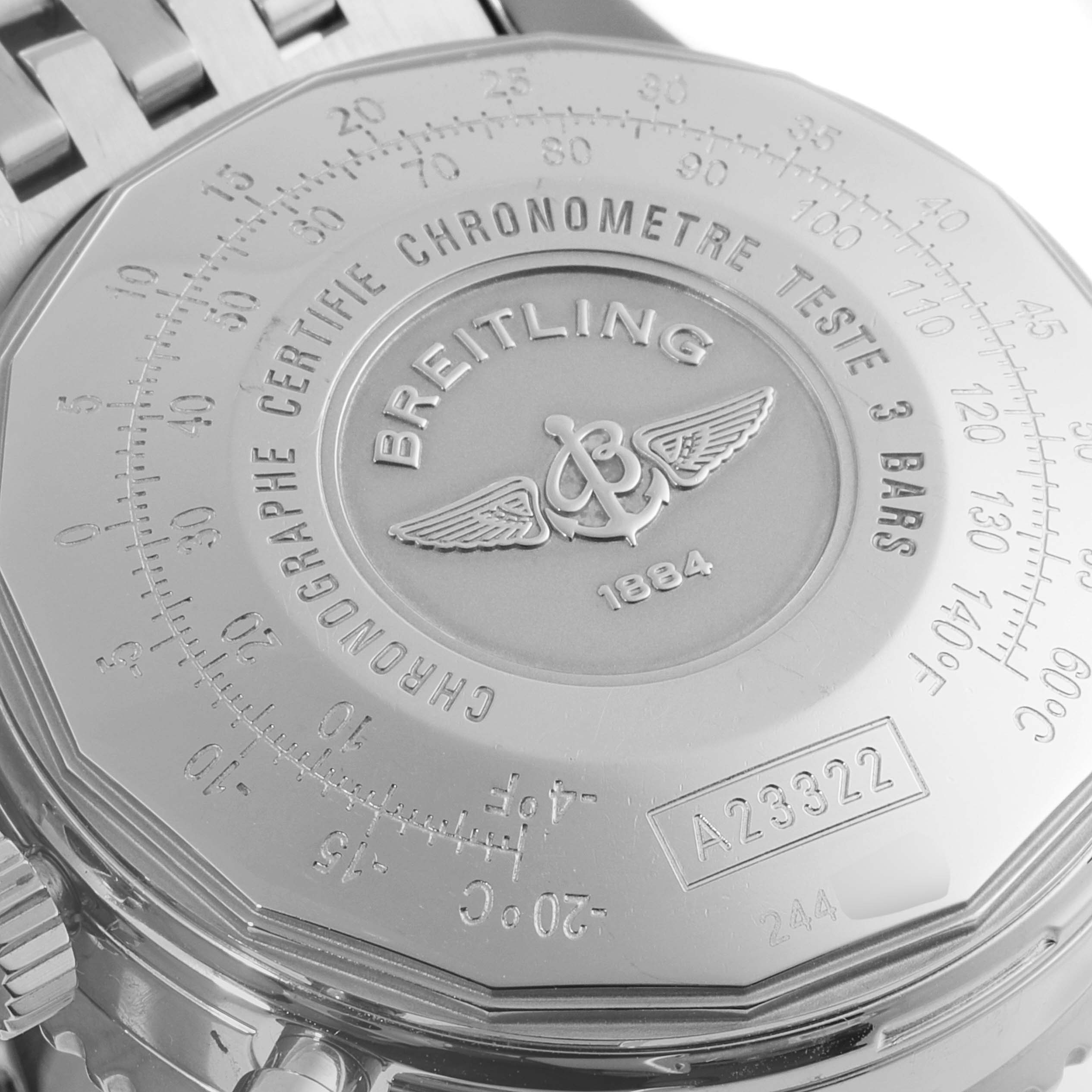 The image shows the back case and part of the bracelet of a Breitling Navitimer A23322 Men's Stainless Steel Black Dial A23322 Men's Stainless Steel Black Dial watch, highlighting its engravings and model number.