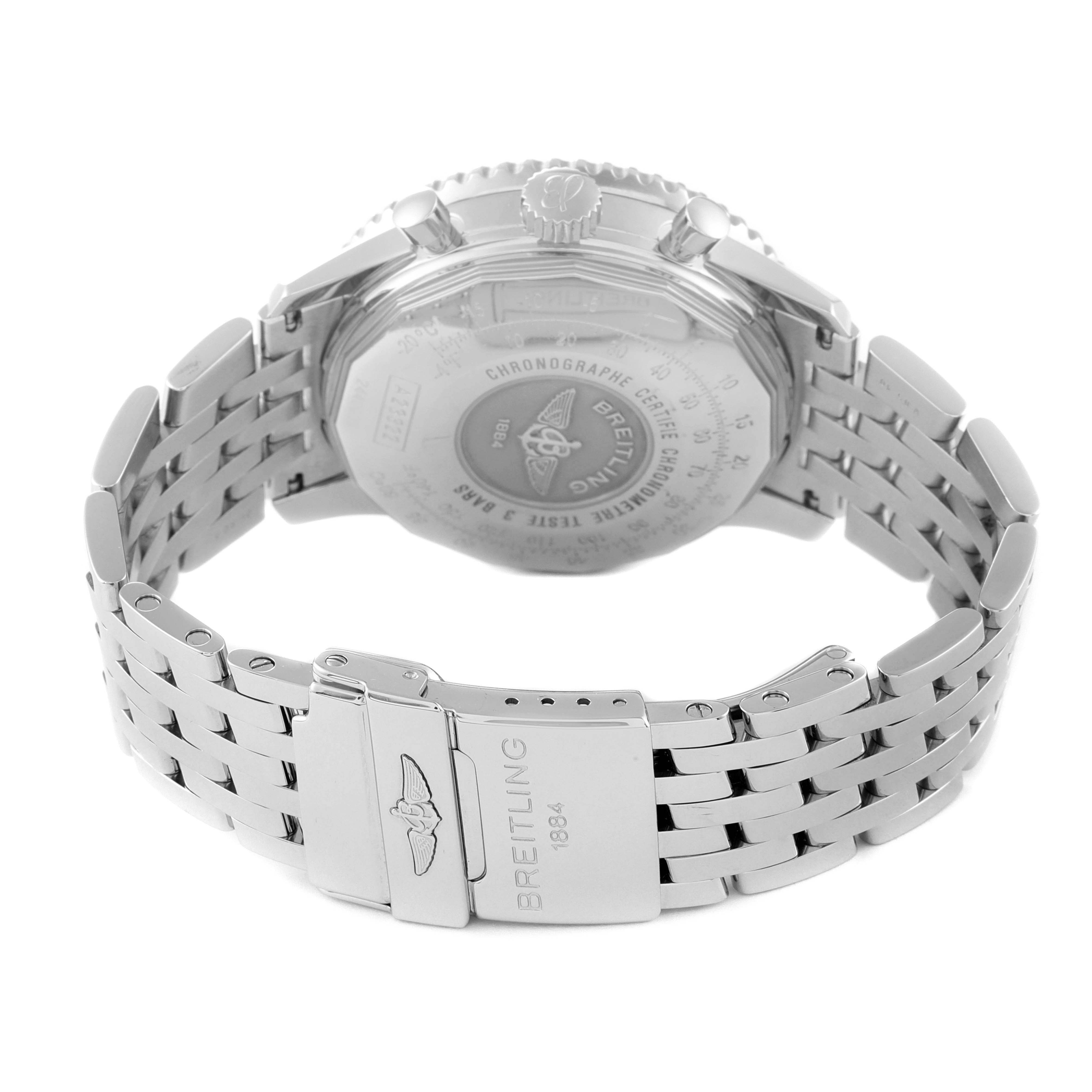 This image shows the case back and bracelet of a Breitling Navitimer A23322 Men's Stainless Steel Black Dial A23322 Men's Stainless Steel Black Dial watch from a rear angle.