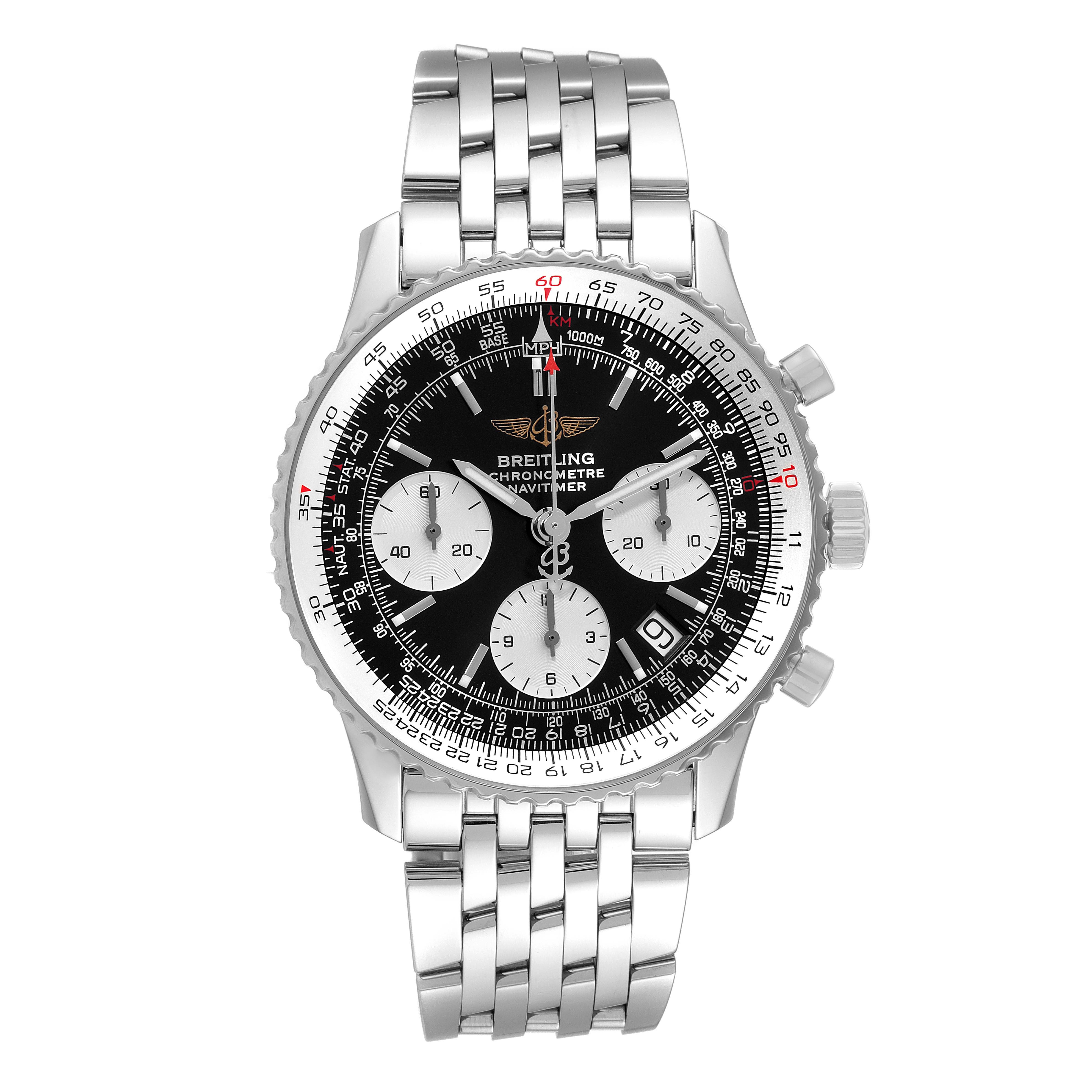 The image shows a front view of the Breitling Navitimer A23322 Men's Stainless Steel Black Dial A23322 Men's Stainless Steel Black Dial watch, including its face, bezel, and stainless steel bracelet.