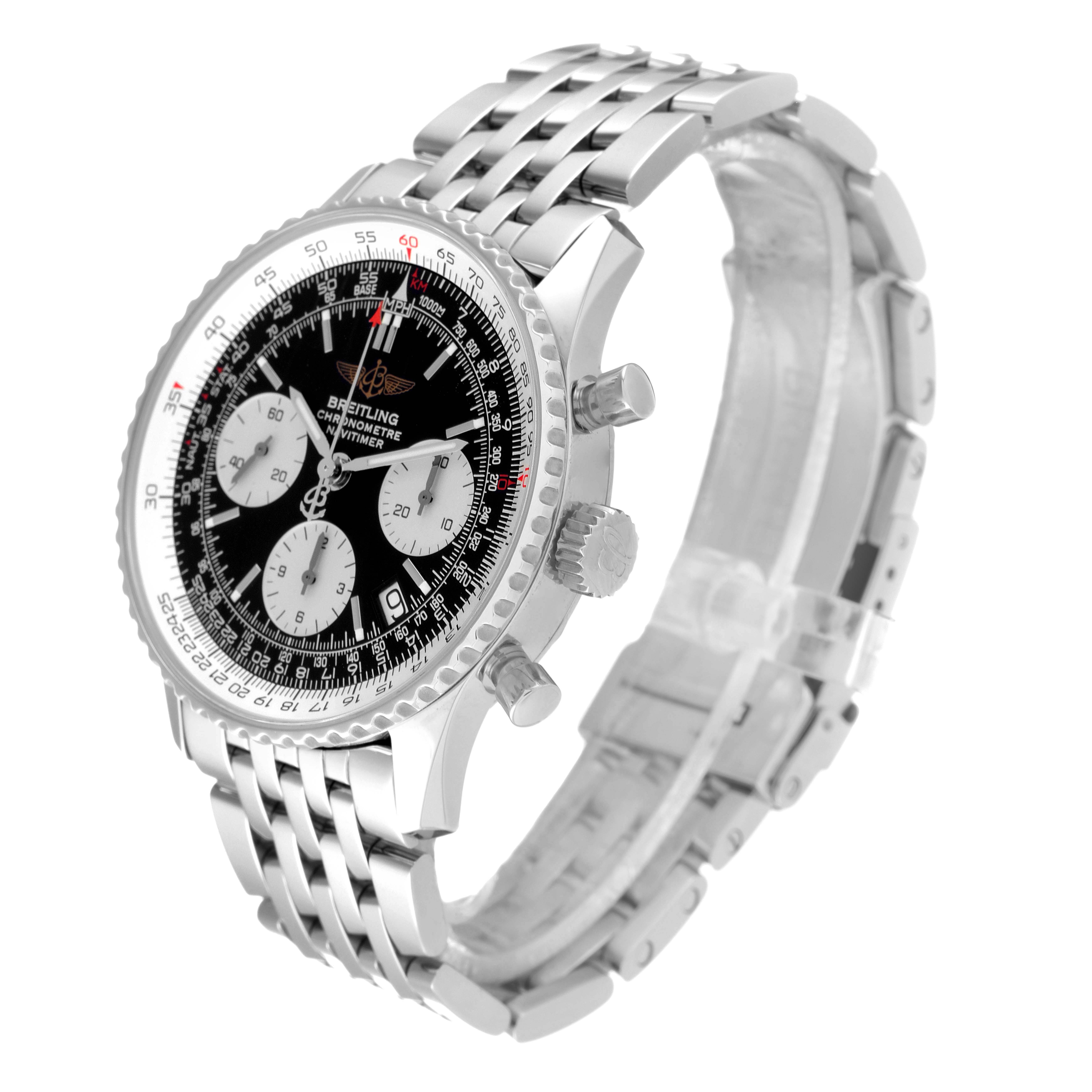 The Breitling Navitimer A23322 Men's Stainless Steel Black Dial A23322 Men's Stainless Steel Black Dial watch is shown at a three-quarter angle, highlighting its dial, bezel, crown, and metal bracelet.
