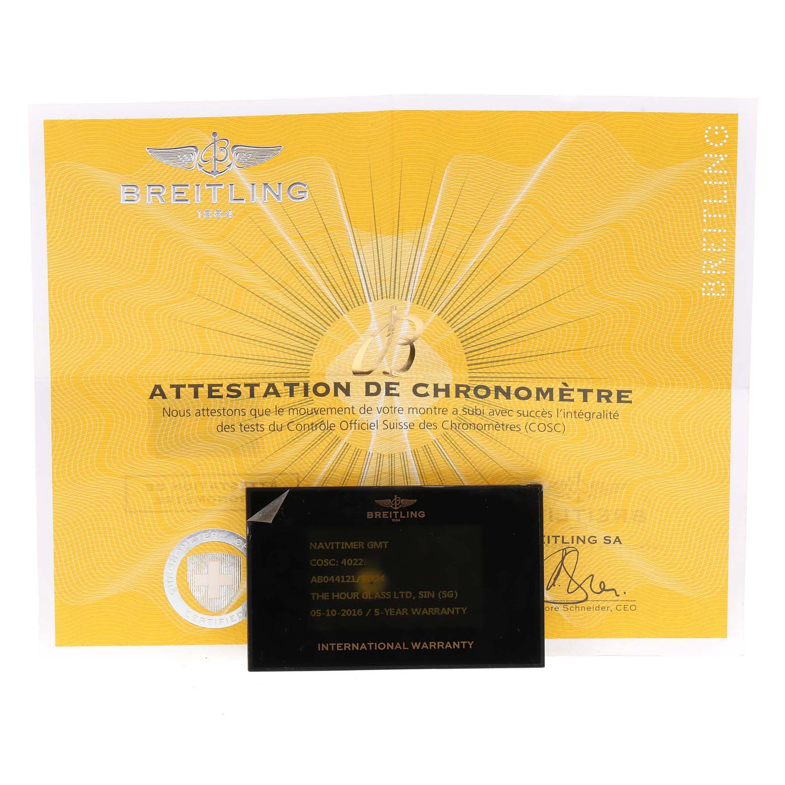 The image shows a Breitling Navitimer AB044121/BD24/443A Men's Stainless Steel Black Dial AB044121/BD24/443A Men's Stainless Steel Black Dial model's chronometer certificate and international warranty card.