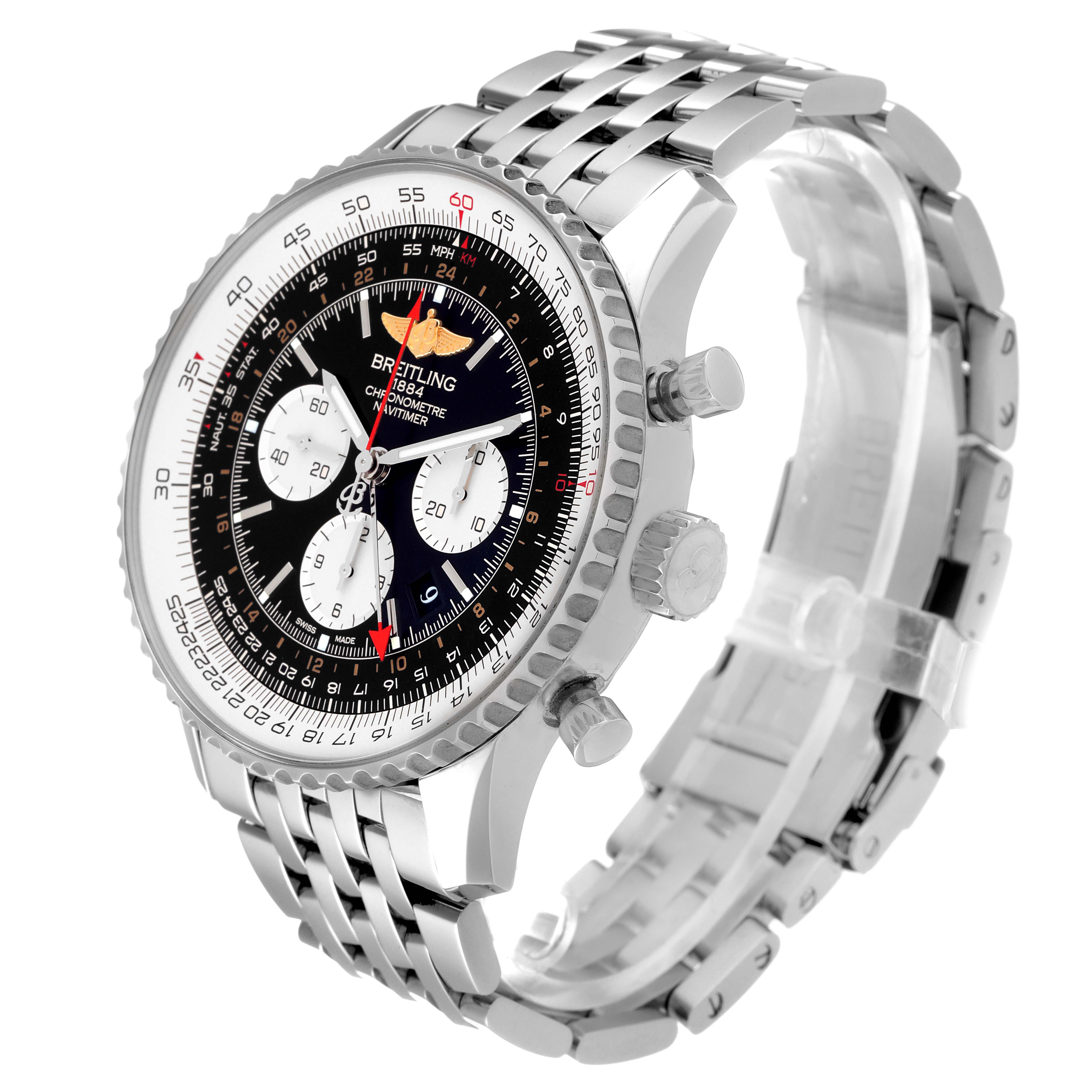 The image shows a side and front angle of a Breitling Navitimer AB044121/BD24/443A Men's Stainless Steel Black Dial AB044121/BD24/443A Men's Stainless Steel Black Dial watch, displaying the face, bezel, chronograph pushers, and bracelet.