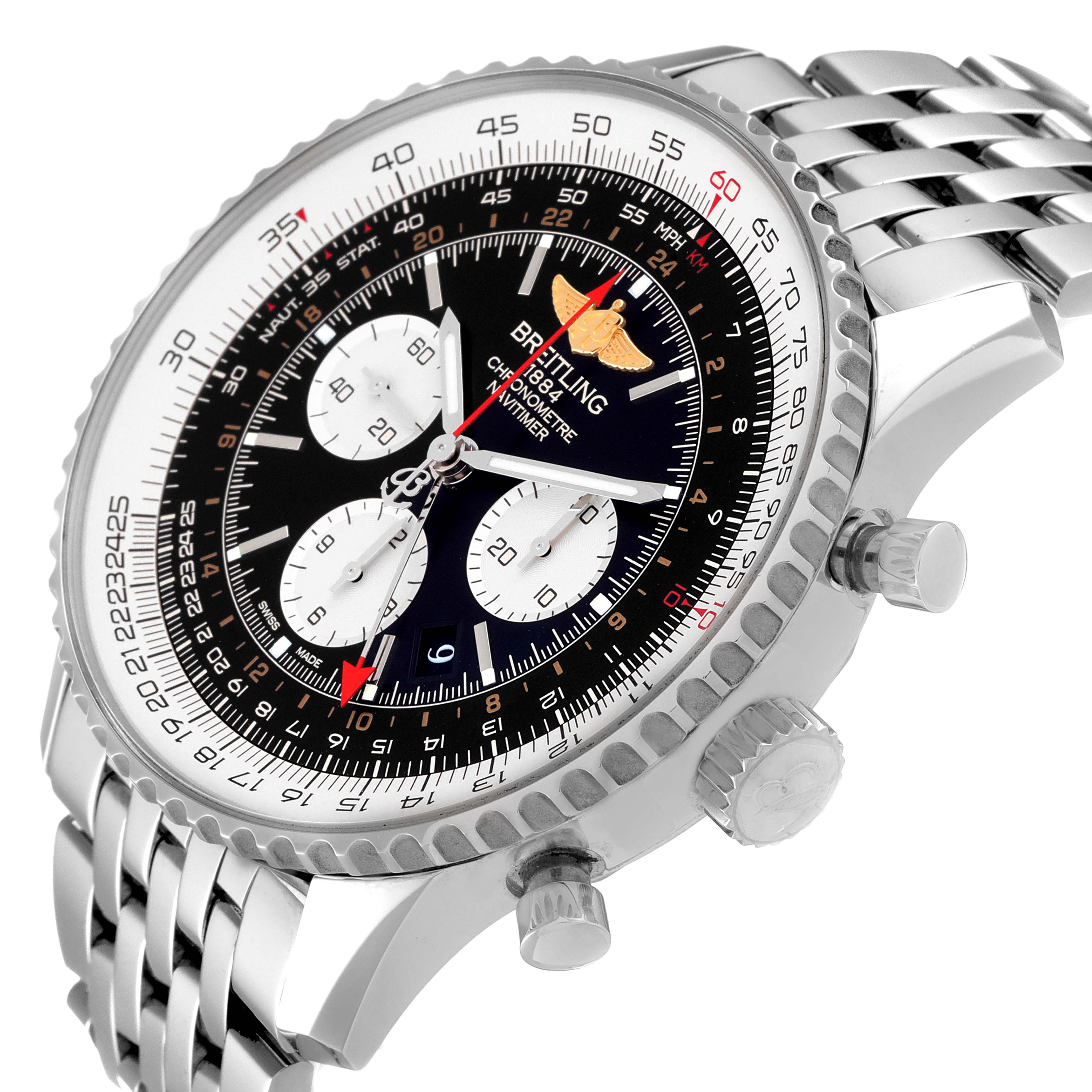 The image shows a side angle of the Breitling Navitimer AB044121/BD24/443A Men's Stainless Steel Black Dial AB044121/BD24/443A Men's Stainless Steel Black Dial watch, highlighting its dial, bezel, buttons, and metal strap.