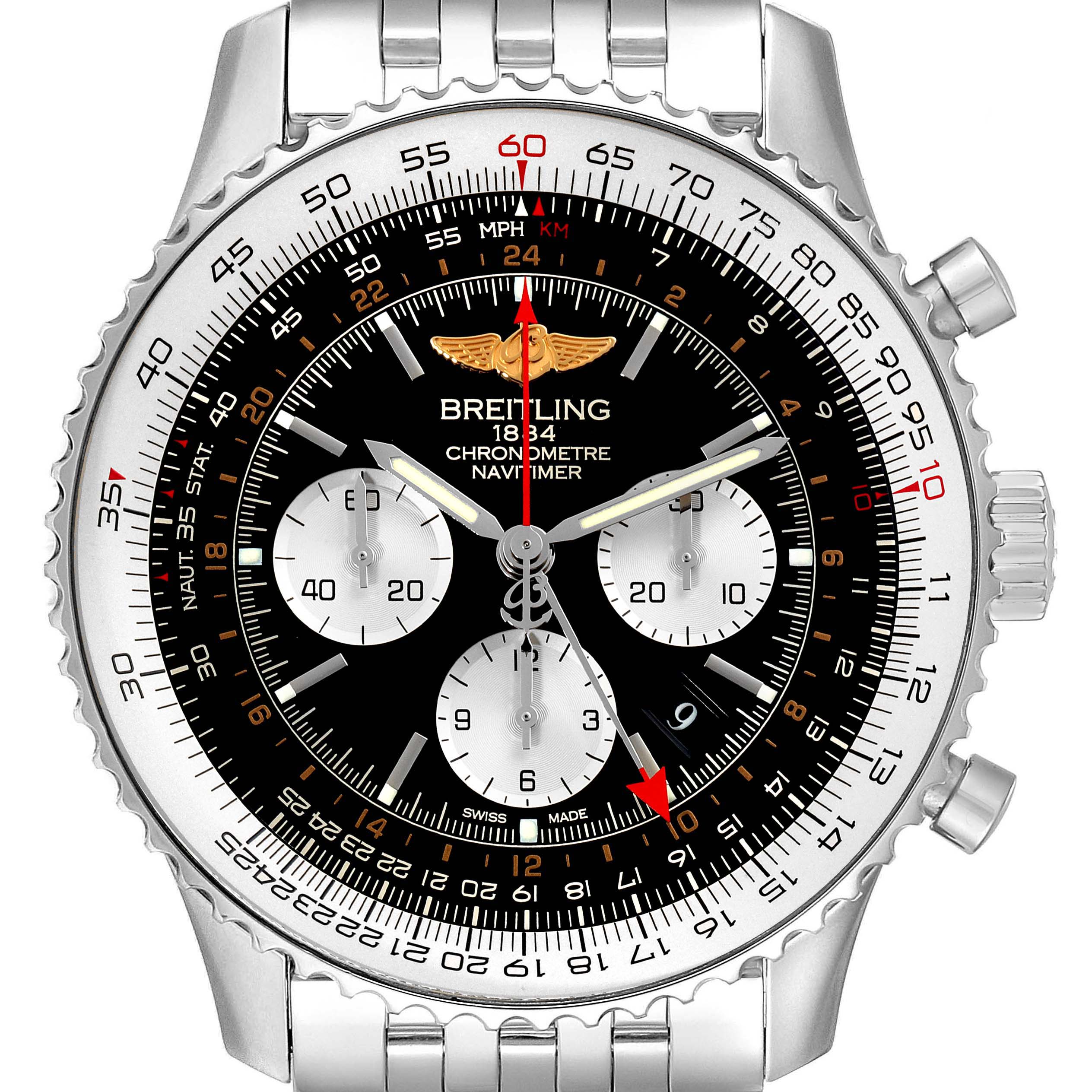 The image shows a front view of the Breitling Navitimer AB044121/BD24/443A Men's Stainless Steel Black Dial AB044121/BD24/443A Men's Stainless Steel Black Dial watch, featuring its face, bezel, and part of the stainless steel bracelet.