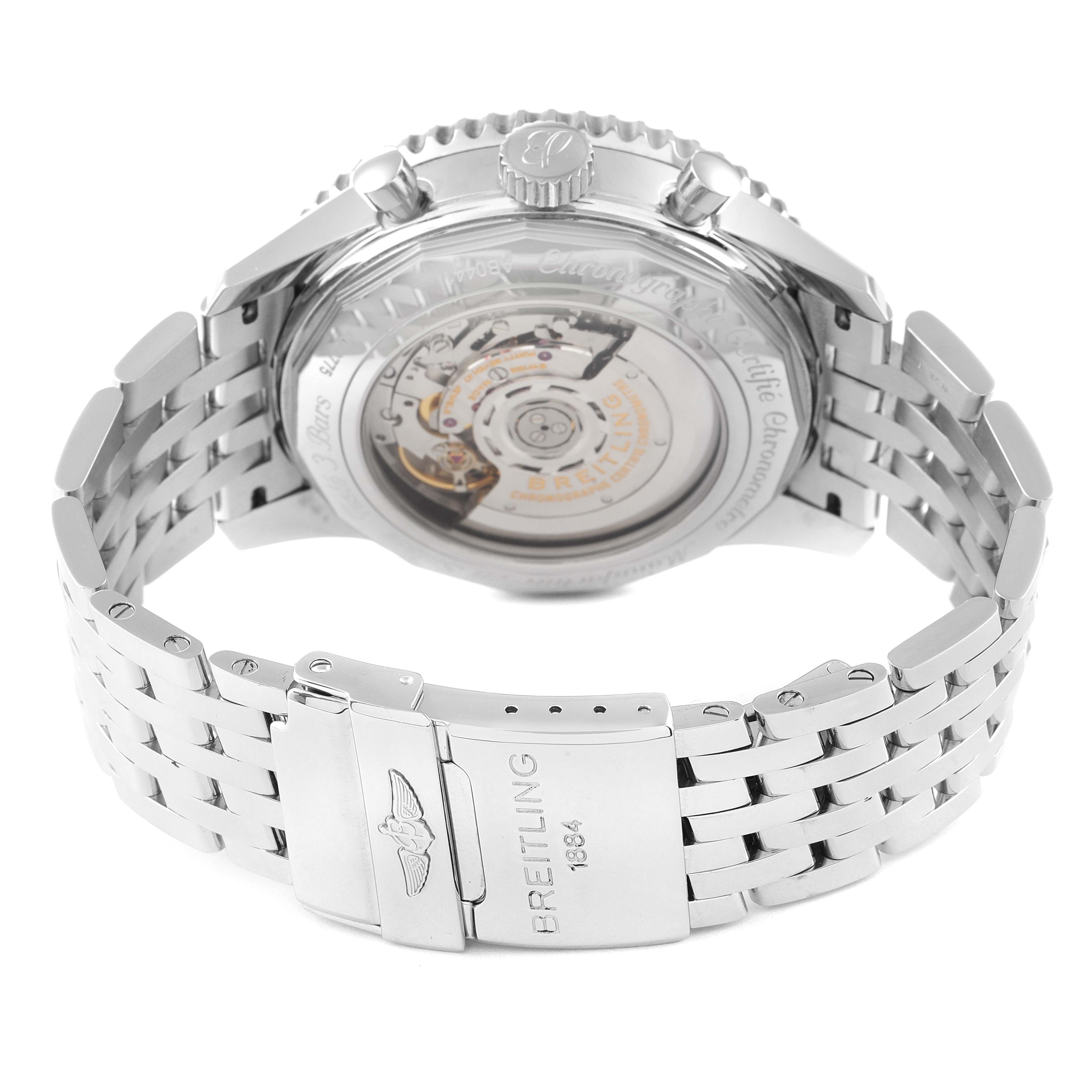 This image shows the back view of the Breitling Navitimer AB044121/BD24/443A Men's Stainless Steel Black Dial AB044121/BD24/443A Men's Stainless Steel Black Dial watch, highlighting the transparent case back and metal bracelet.