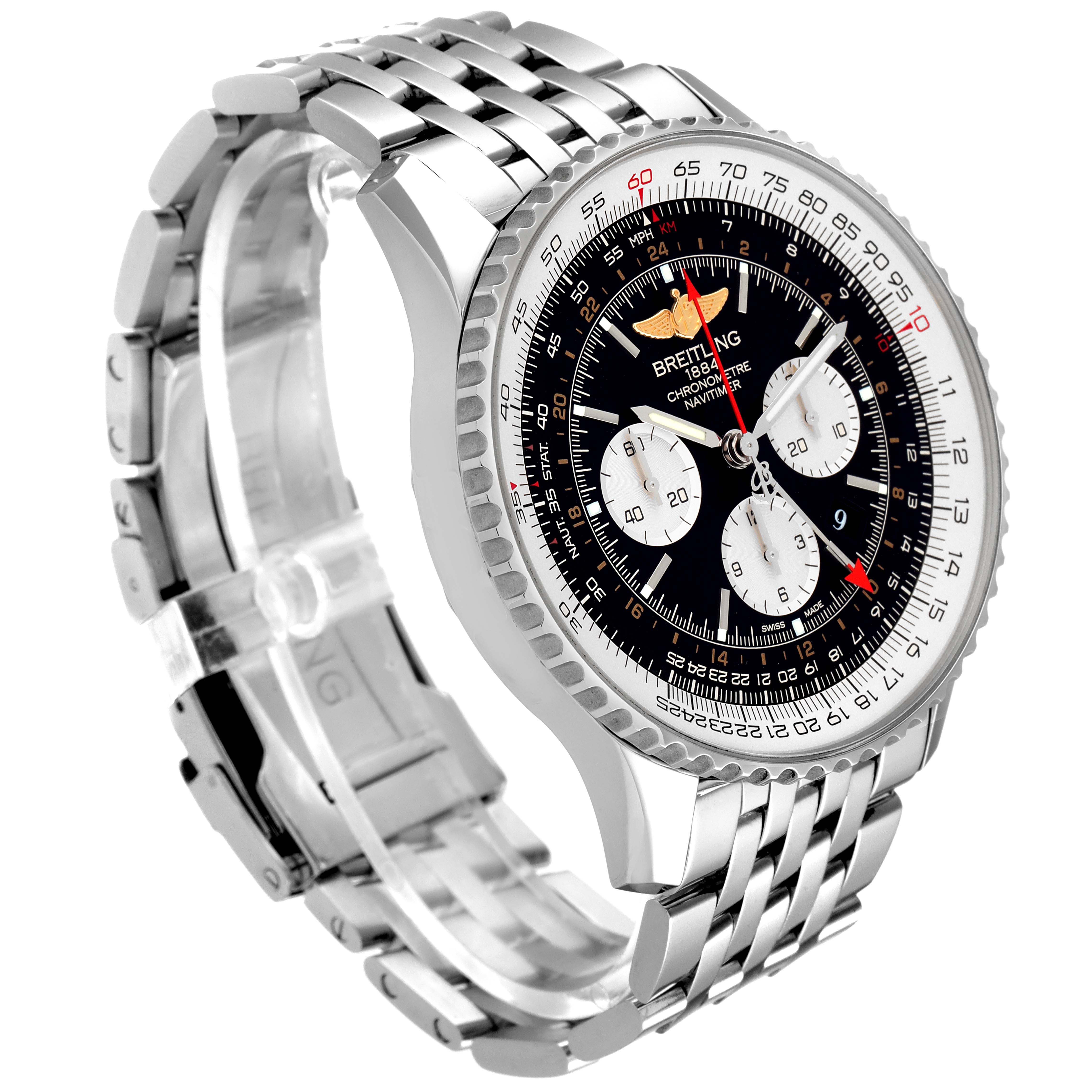 The image shows a Breitling Navitimer AB044121/BD24/443A Men's Stainless Steel Black Dial AB044121/BD24/443A Men's Stainless Steel Black Dial watch at an angle showcasing its stainless steel bracelet, bezel, and chronograph dial.