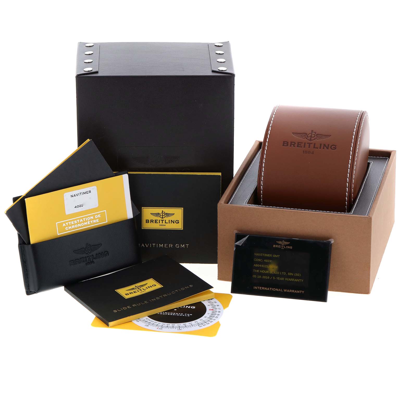 The image shows Breitling Navitimer AB044121/BD24/443A Men's Stainless Steel Black Dial AB044121/BD24/443A Men's Stainless Steel Black Dial watch accessories, included are the watch box, manuals, warranty card, and presentation case.