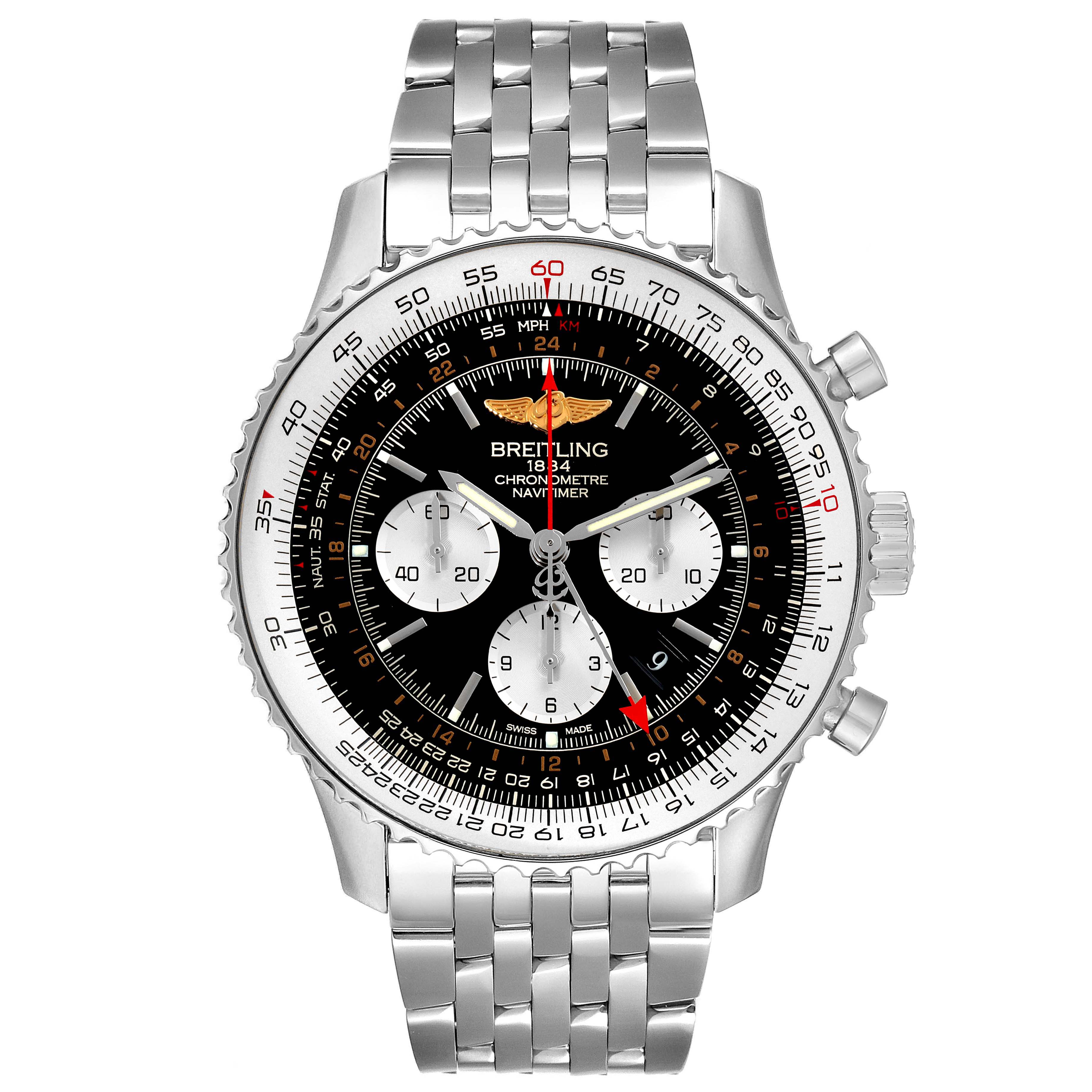 The image shows a front view of a Breitling Navitimer AB044121/BD24/443A Men's Stainless Steel Black Dial AB044121/BD24/443A Men's Stainless Steel Black Dial watch, highlighting the dial, bezel, and bracelet.