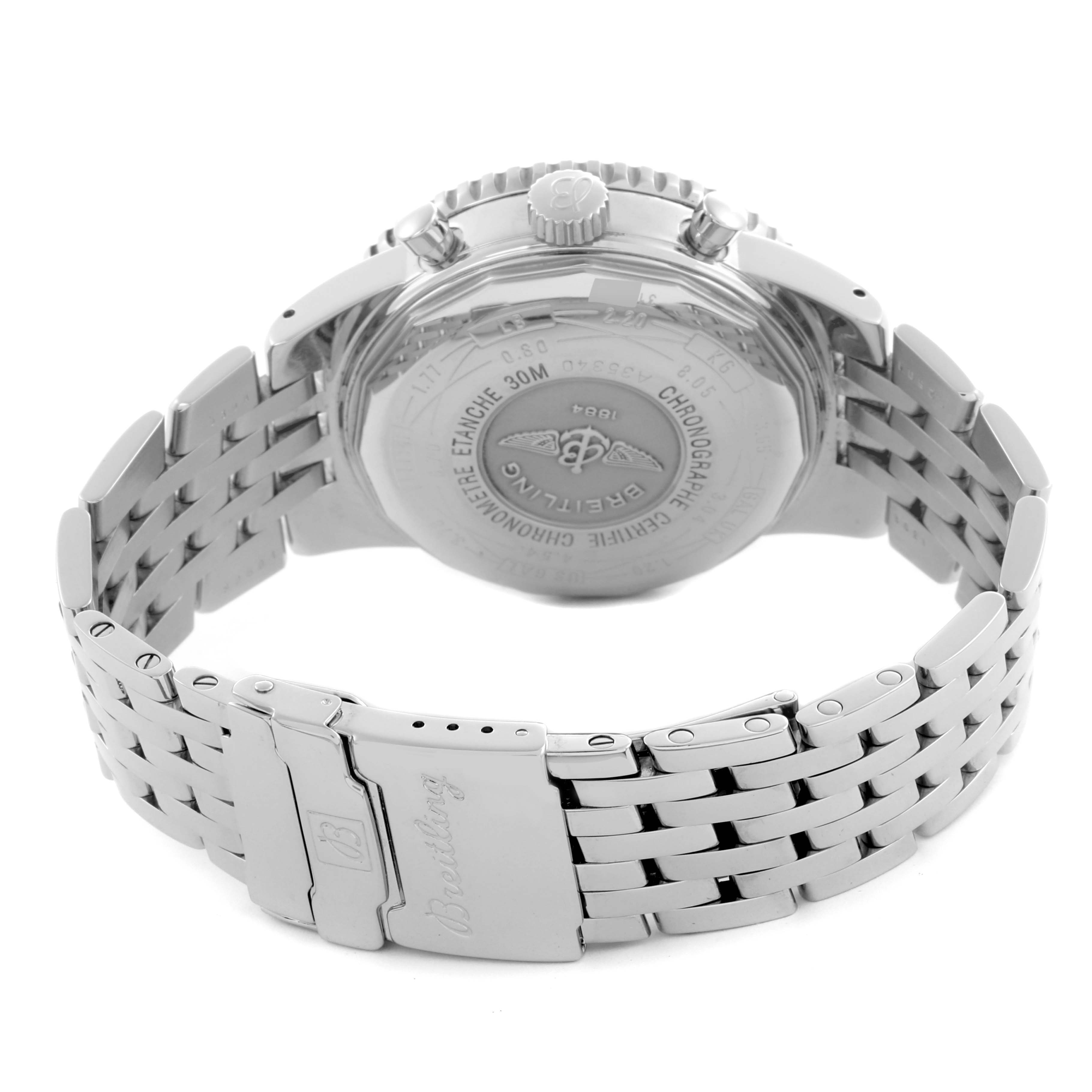 The image shows the back and band of a Breitling Navitimer A35340 Men's Stainless Steel Blue Dial A35340 Men's Stainless Steel Blue Dial watch, including the clasp and caseback details.