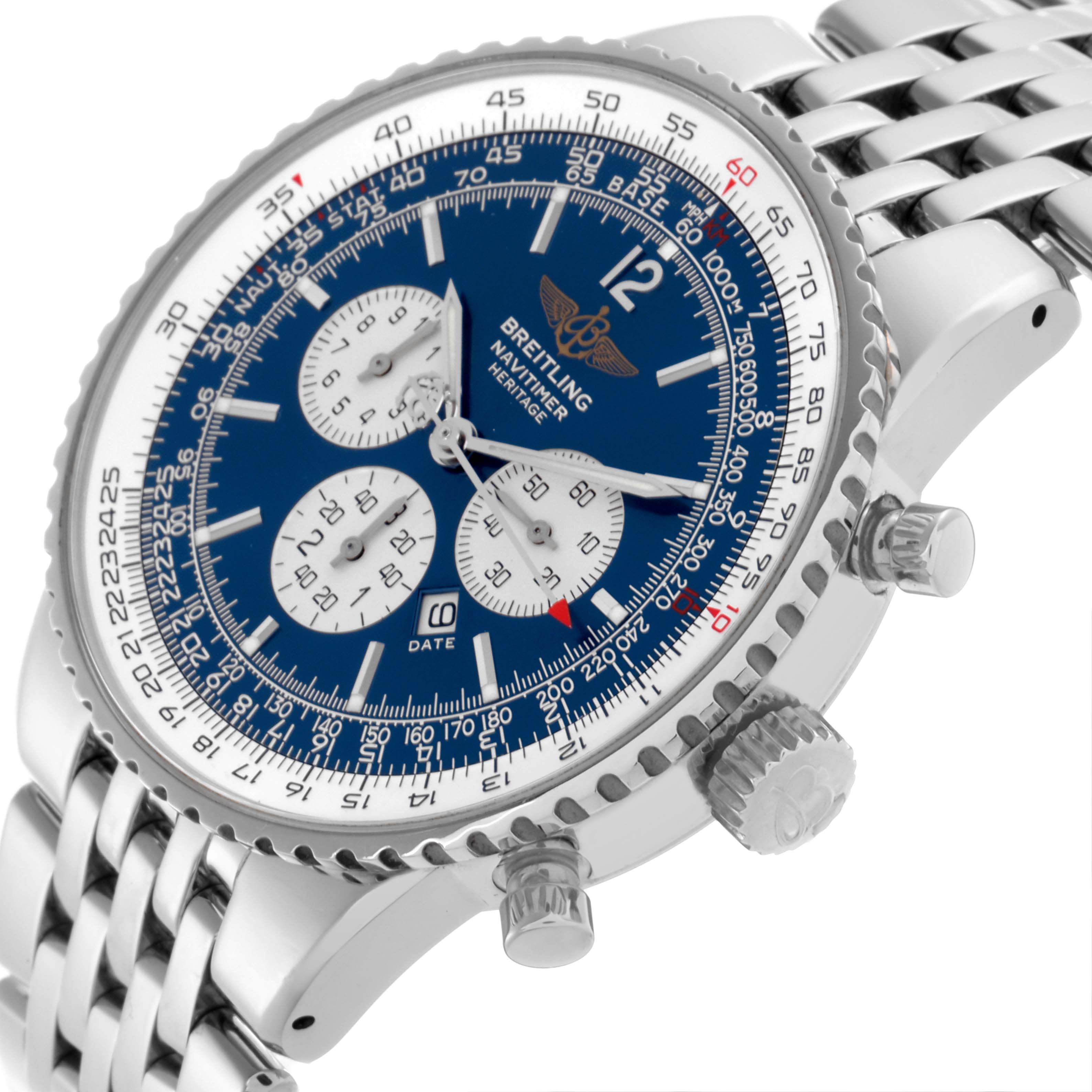 The Breitling Navitimer A35340 Men's Stainless Steel Blue Dial A35340 Men's Stainless Steel Blue Dial watch is shown at an angle highlighting the face, bezel, crown, pushers, and part of the bracelet.